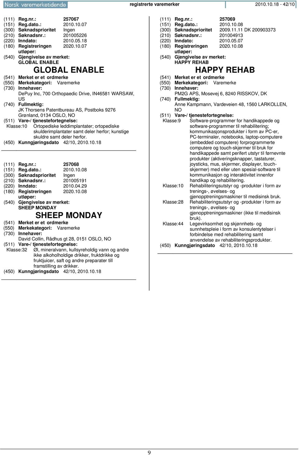 Orthopaedic Drive, IN46581 WARSAW, US JK Thorsens Patentbureau AS, Postboks 9276 Grønland, 0134 OSLO, Klasse:10 Ortopediske leddimplantater; ortopediske skulderimplantater samt deler herfor; kunstige