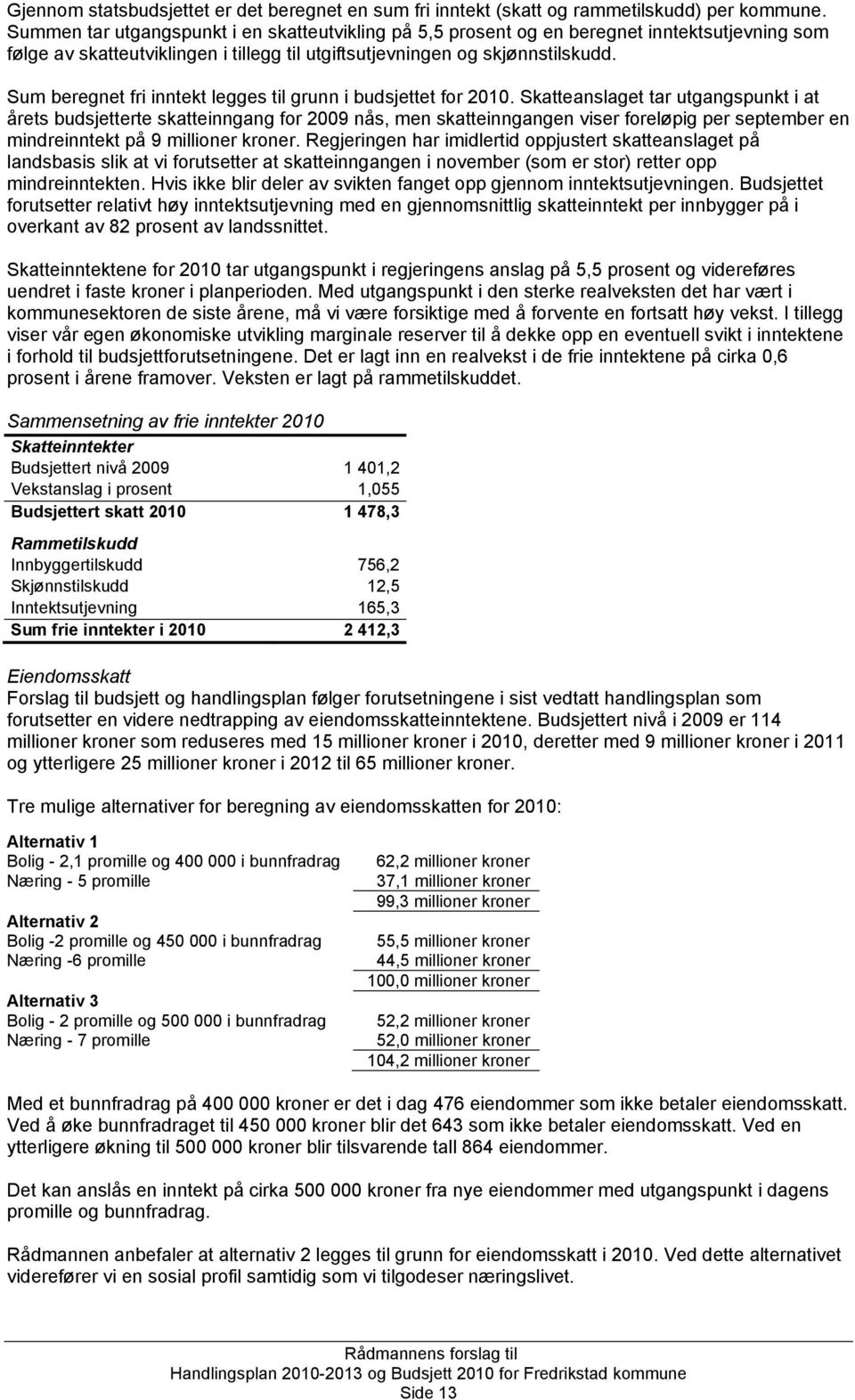 Sum beregnet fri inntekt legges til grunn i budsjettet for 2010.