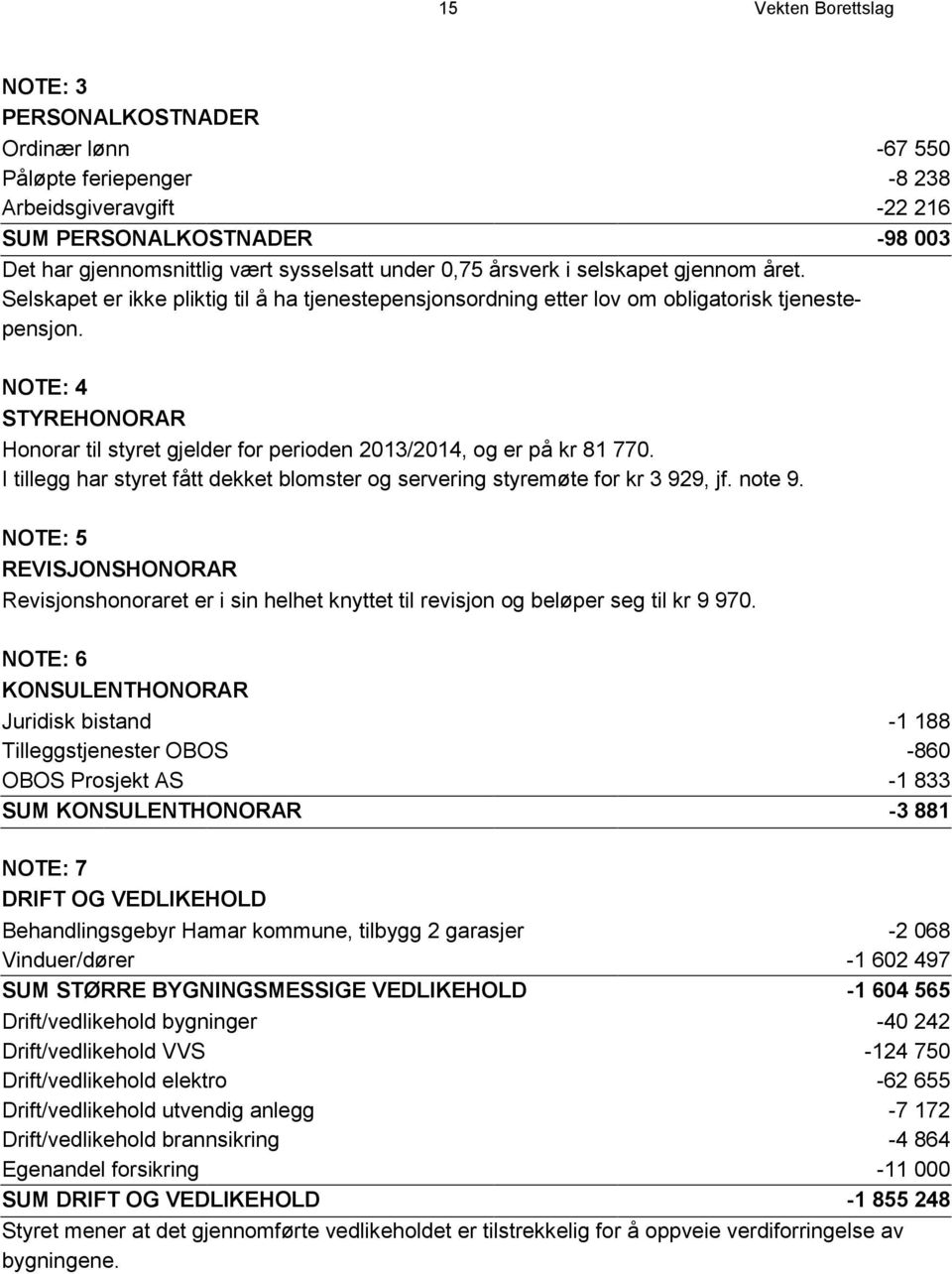 NOTE: 4 STYREHONORAR Honorar til styret gjelder for perioden 2013/2014, og er på kr 81 770. I tillegg har styret fått dekket blomster og servering styremøte for kr 3 929, jf. note 9.