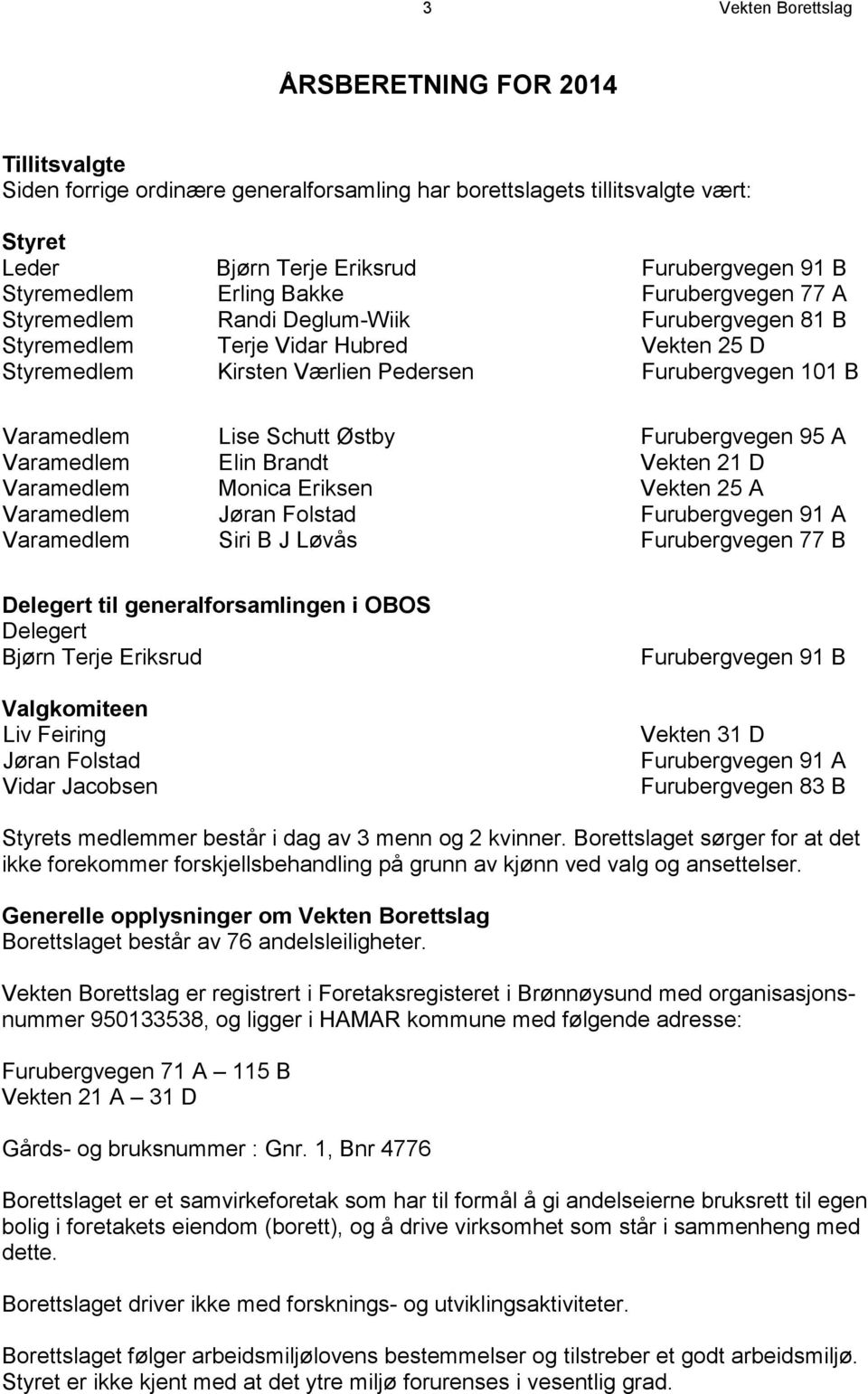 Schutt Østby Furubergvegen 95 A Varamedlem Elin Brandt Vekten 21 D Varamedlem Monica Eriksen Vekten 25 A Varamedlem Jøran Folstad Furubergvegen 91 A Varamedlem Siri B J Løvås Furubergvegen 77 B