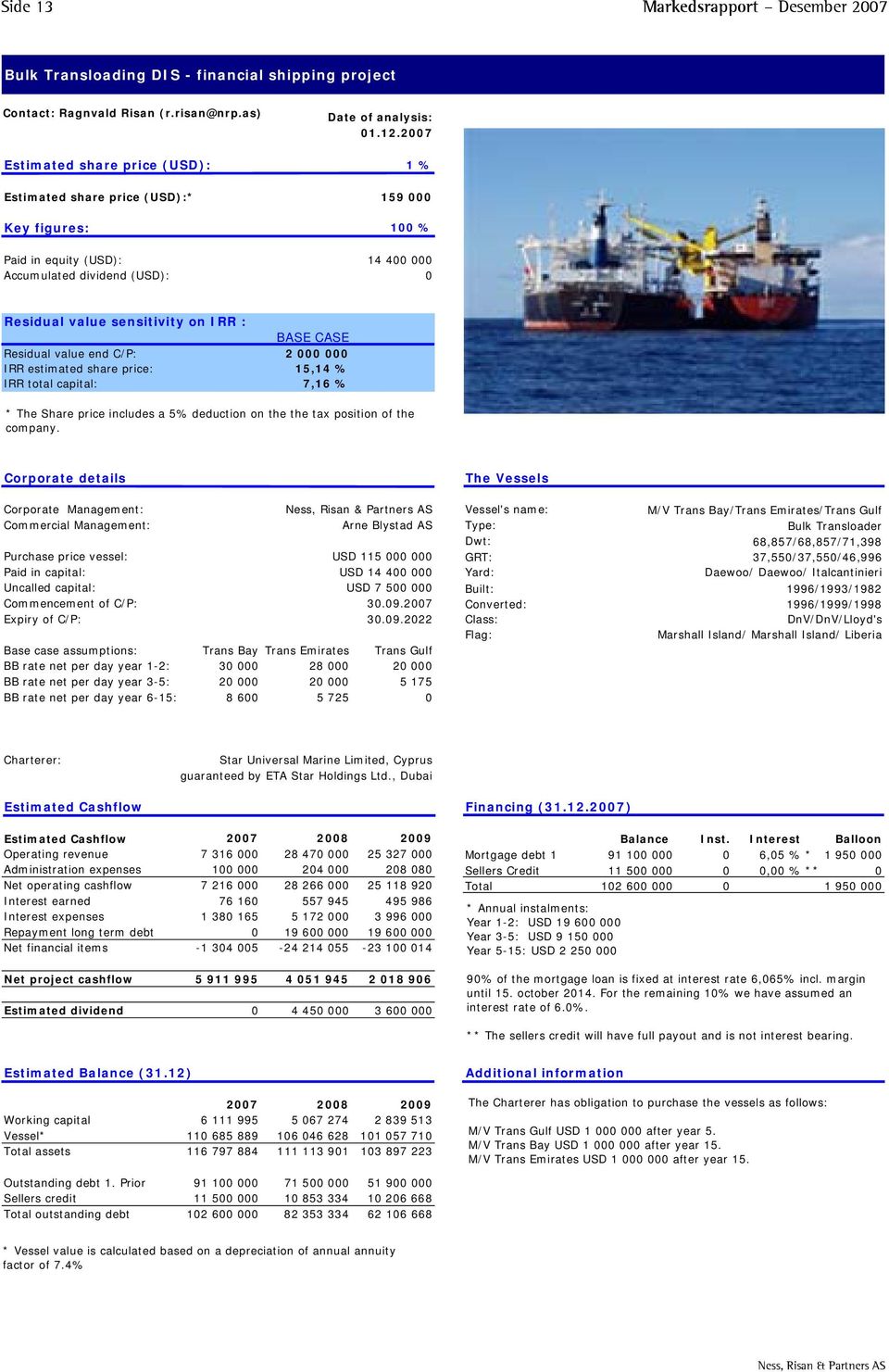 sensitivity on IRR : BASE CASE Residual value end C/P: 2 000 000 IRR estimated share price: 15,14 % IRR total capital: 7,16 % * The Share price includes a 5% deduction on the the tax position of the