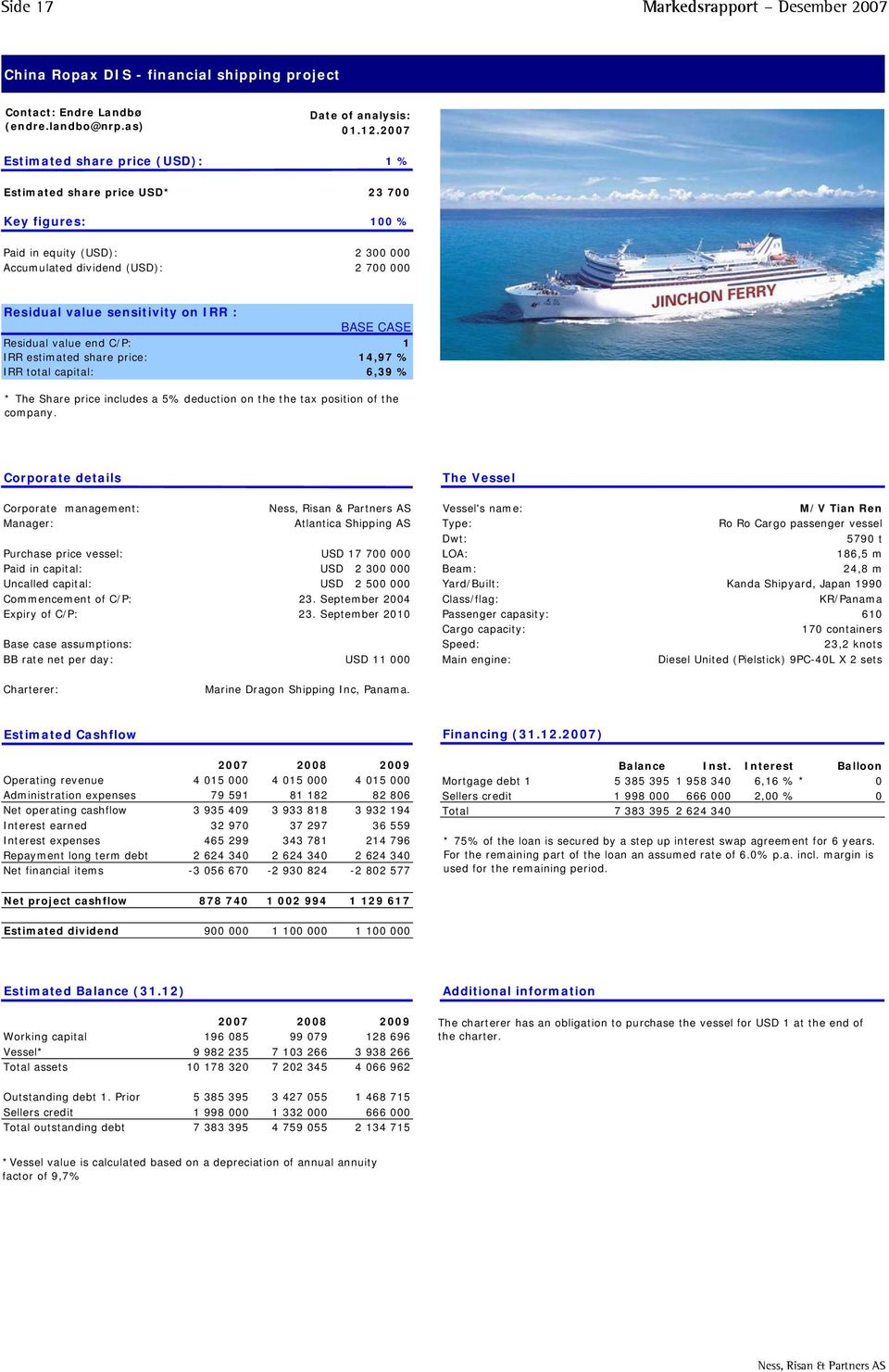 sensitivity on IRR : BASE CASE Residual value end C/P: 1 IRR estimated share price: 14,97 % IRR total capital: 6,39 % * The Share price includes a 5% deduction on the the tax position of the company.