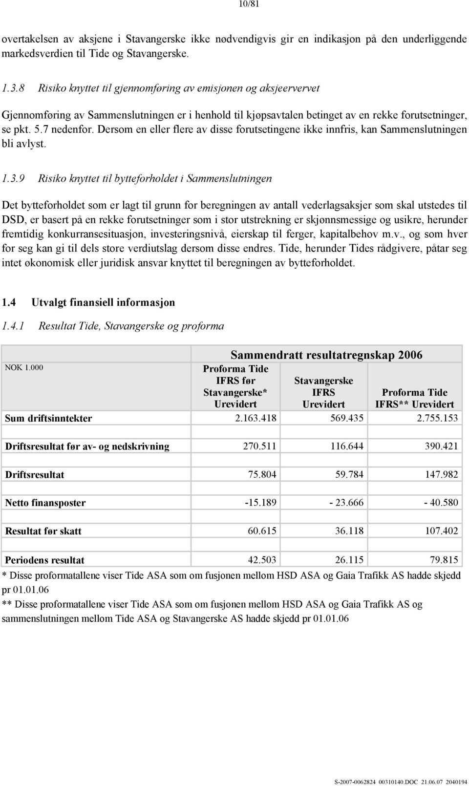 Dersom en eller flere av disse forutsetingene ikke innfris, kan Sammenslutningen bli avlyst. 1.3.