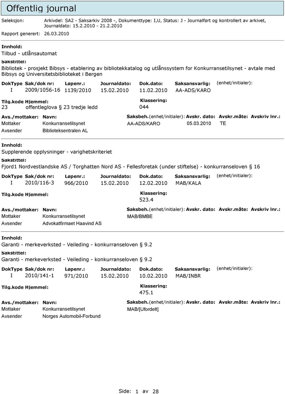 1139/2010 11.02.2010 AA-ADS/KARO 23 offentleglova 23 tredje ledd 044 Avs./mottaker: Navn: Saksbeh. Avskr. dato: Avskr.måte: Avskriv lnr.: AA-ADS/KARO 05.03.