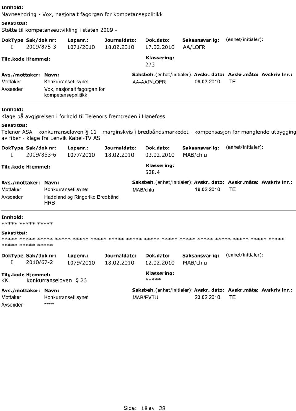 2010 TE Avsender Vox, nasjonalt fagorgan for kompetansepolitikk Klage på avgjørelsen i forhold til Telenors fremtreden i Hønefoss Telenor ASA - konkurranseloven 11 - marginskvis i bredbåndsmarkedet -