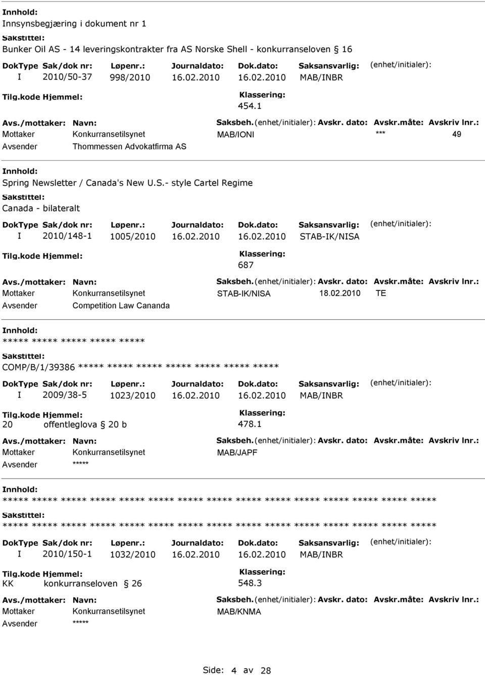 /mottaker: Navn: Saksbeh. Avskr. dato: Avskr.måte: Avskriv lnr.: STAB-K/NSA TE Avsender Competition Law Cananda COMP/B/1/39386 2009/38-5 1023/2010 MAB/NBR 20 offentleglova 20 b 478.1 Avs.