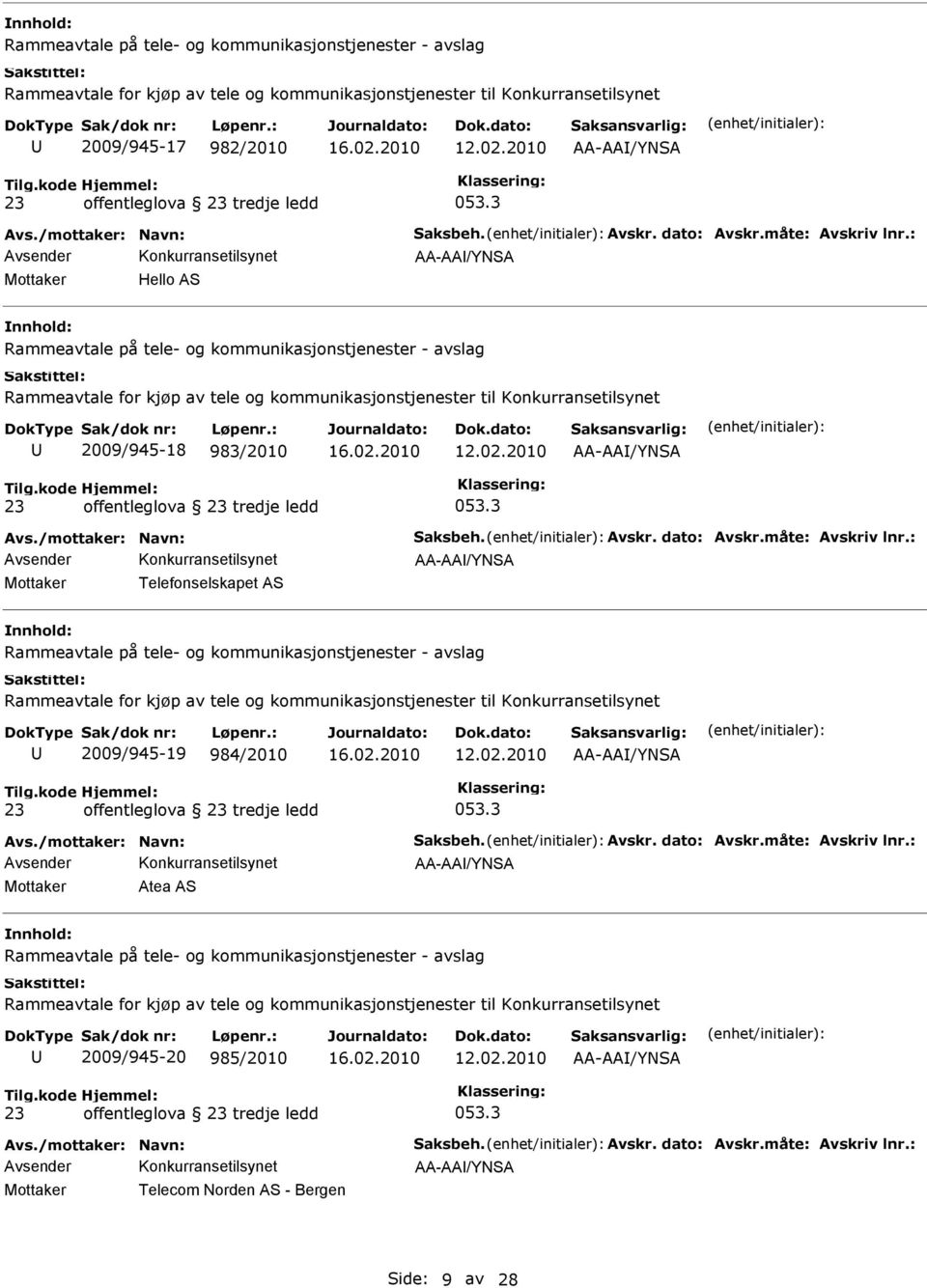 : AA-AA/YNSA Mottaker Hello AS Rammeavtale på tele- og kommunikasjonstjenester - avslag Rammeavtale for kjøp av tele og kommunikasjonstjenester til Konkurransetilsynet 2009/945-18 983/2010 AA-AA/YNSA