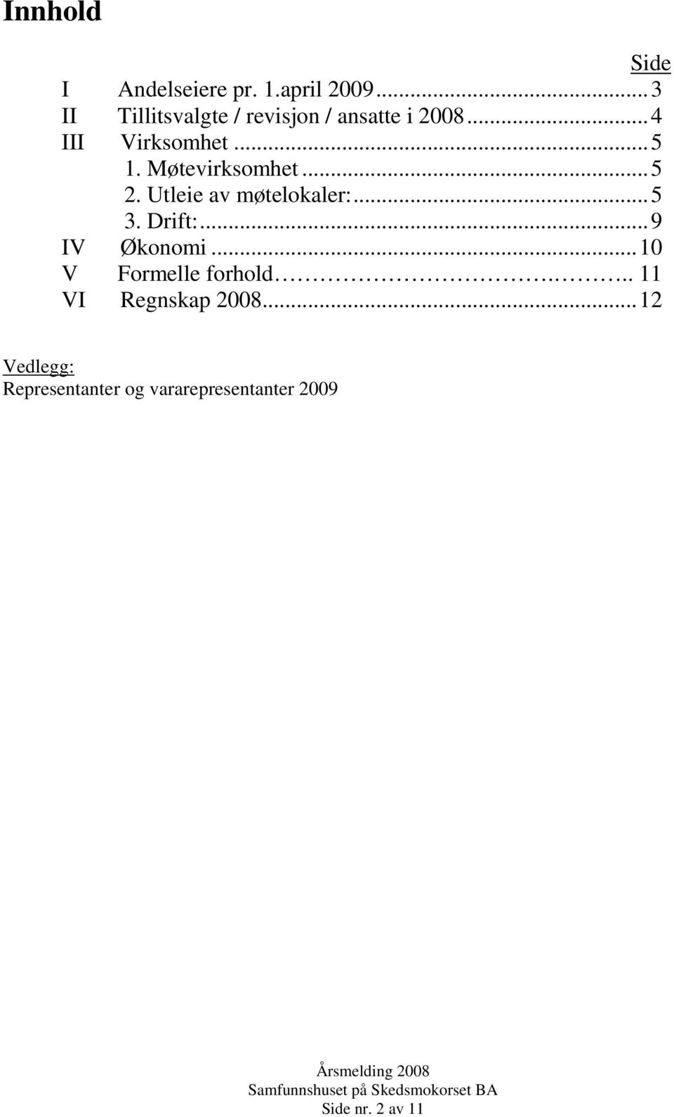 Møtevirksomhet... 2. Utleie av møtelokaler:.... Drift:...9 IV Økonomi.