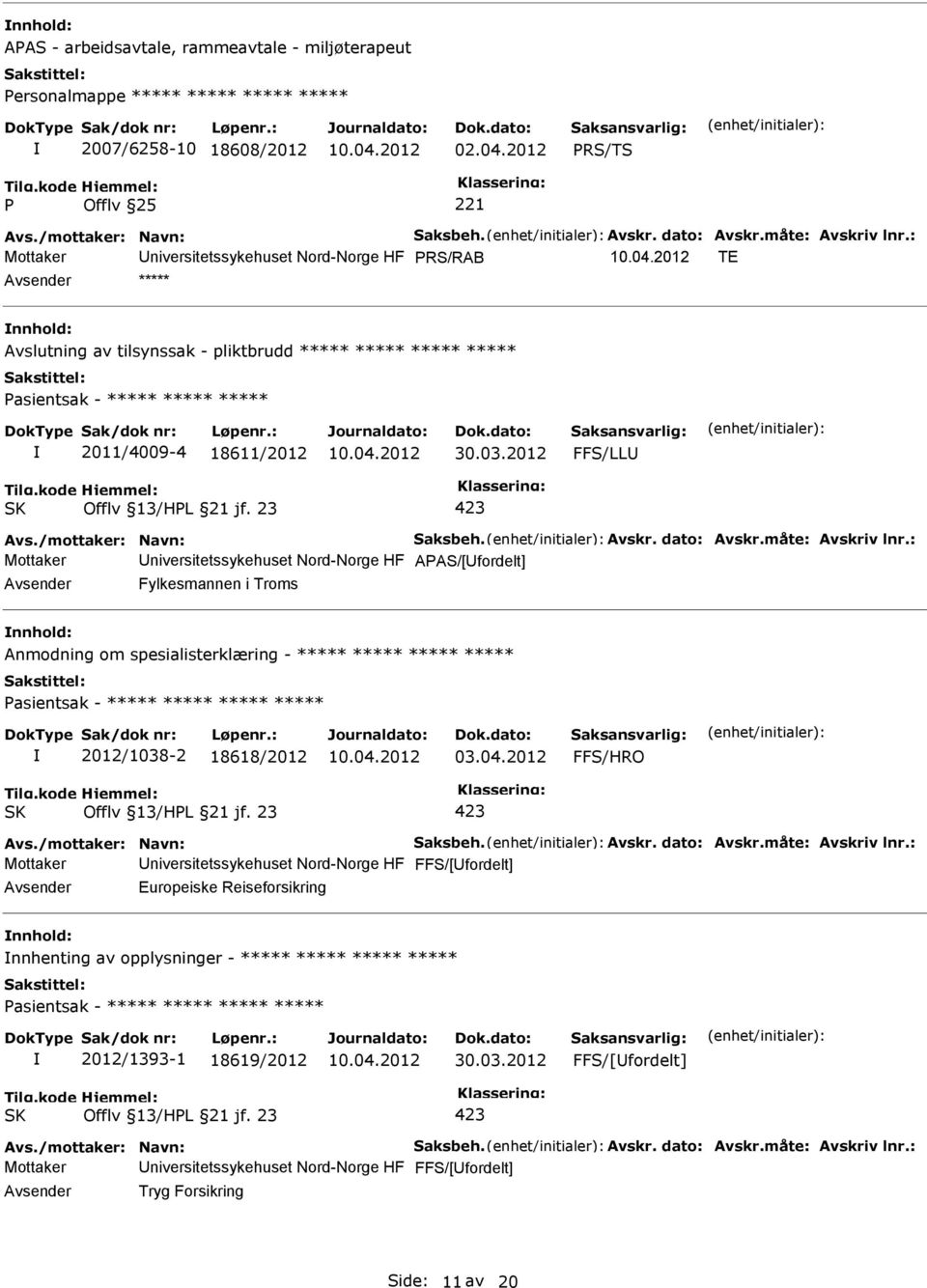 : Mottaker Universitetssykehuset Nord-Norge HF RS/RAB TE nnhold: Avslutning av tilsynssak - pliktbrudd ***** ***** ***** ***** asientsak - ***** ***** ***** 2011/4009-4 18611/2012 30.03.