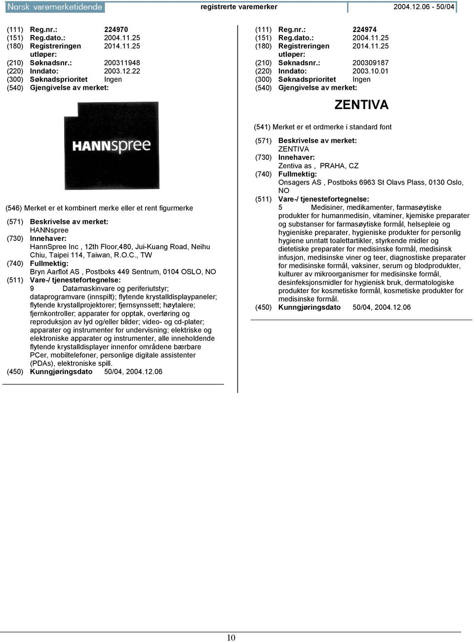 Søknadsnr.: 200309187 (220) Inndato: 2003.10.01 (300) Søknadsprioritet Ingen ZENTIVA HANNspree HannSpree Inc, 12th Floor,480, Jui-Kuang Road, Neihu Ch