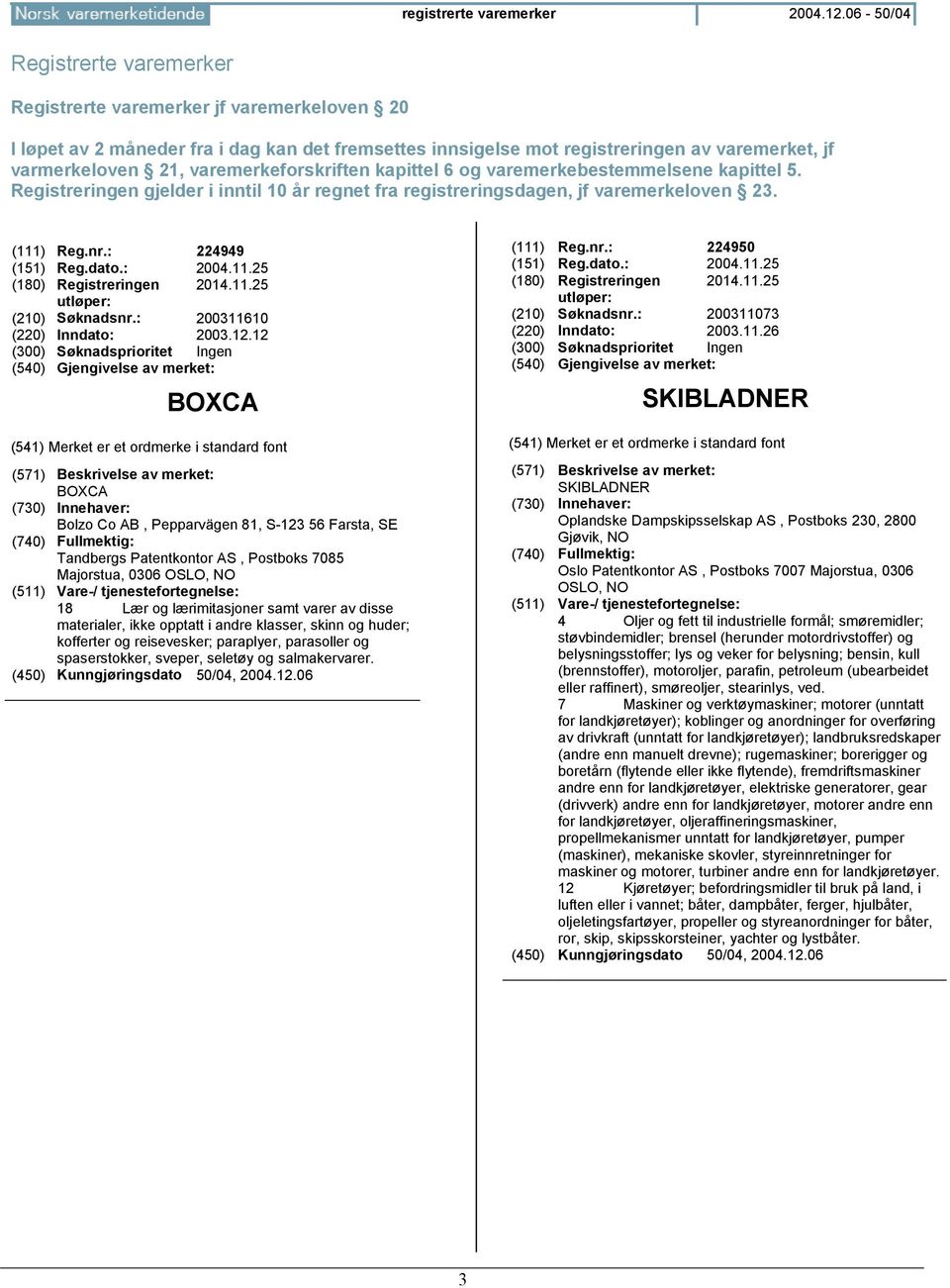 varemerkeforskriften kapittel 6 og varemerkebestemmelsene kapittel 5. Registreringen gjelder i inntil 10 år regnet fra registreringsdagen, jf varemerkeloven 23. (111) Reg.nr.: 224949 (151) Reg.dato.