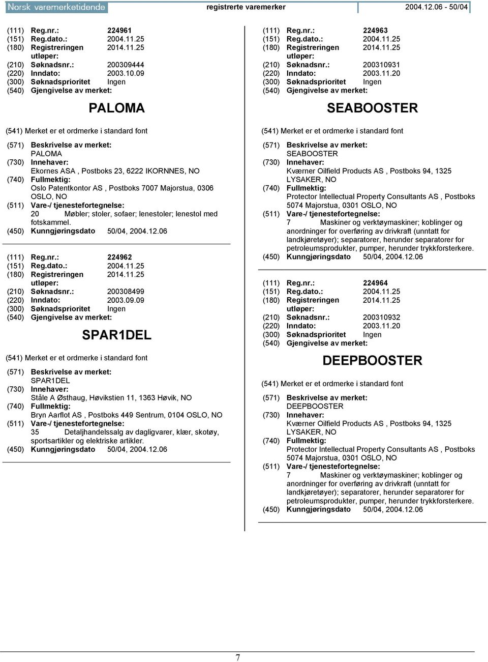 09 (300) Søknadsprioritet Ingen PALOMA PALOMA Ekornes ASA, Postboks 23, 6222 IKORNNES, NO Oslo Patentkontor AS, Postboks 7007 Majorstua, 0306 OSLO, NO 20 Møbler; stoler, sofaer; lenestoler; lenestol