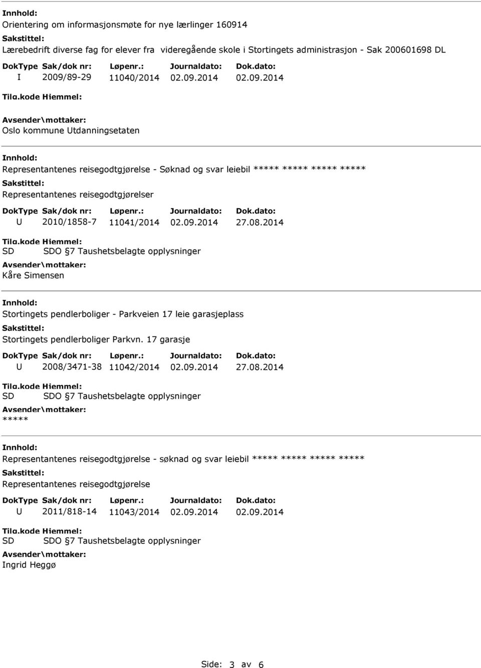 reisegodtgjørelser 2010/1858-7 11041/2014 Kåre Simensen Stortingets pendlerboliger - Parkveien 17 leie garasjeplass Stortingets pendlerboliger Parkvn.