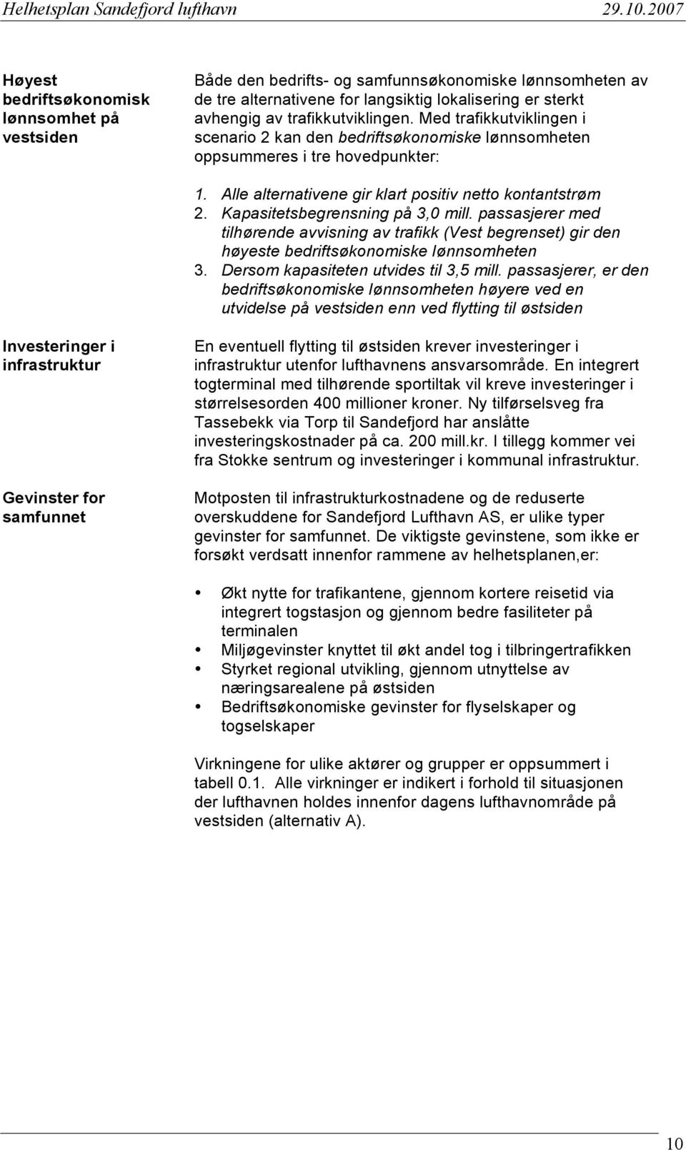 Kapasitetsbegrensning på 3,0 mill. passasjerer med tilhørende avvisning av trafikk (Vest begrenset) gir den høyeste bedriftsøkonomiske lønnsomheten 3. Dersom kapasiteten utvides til 3,5 mill.