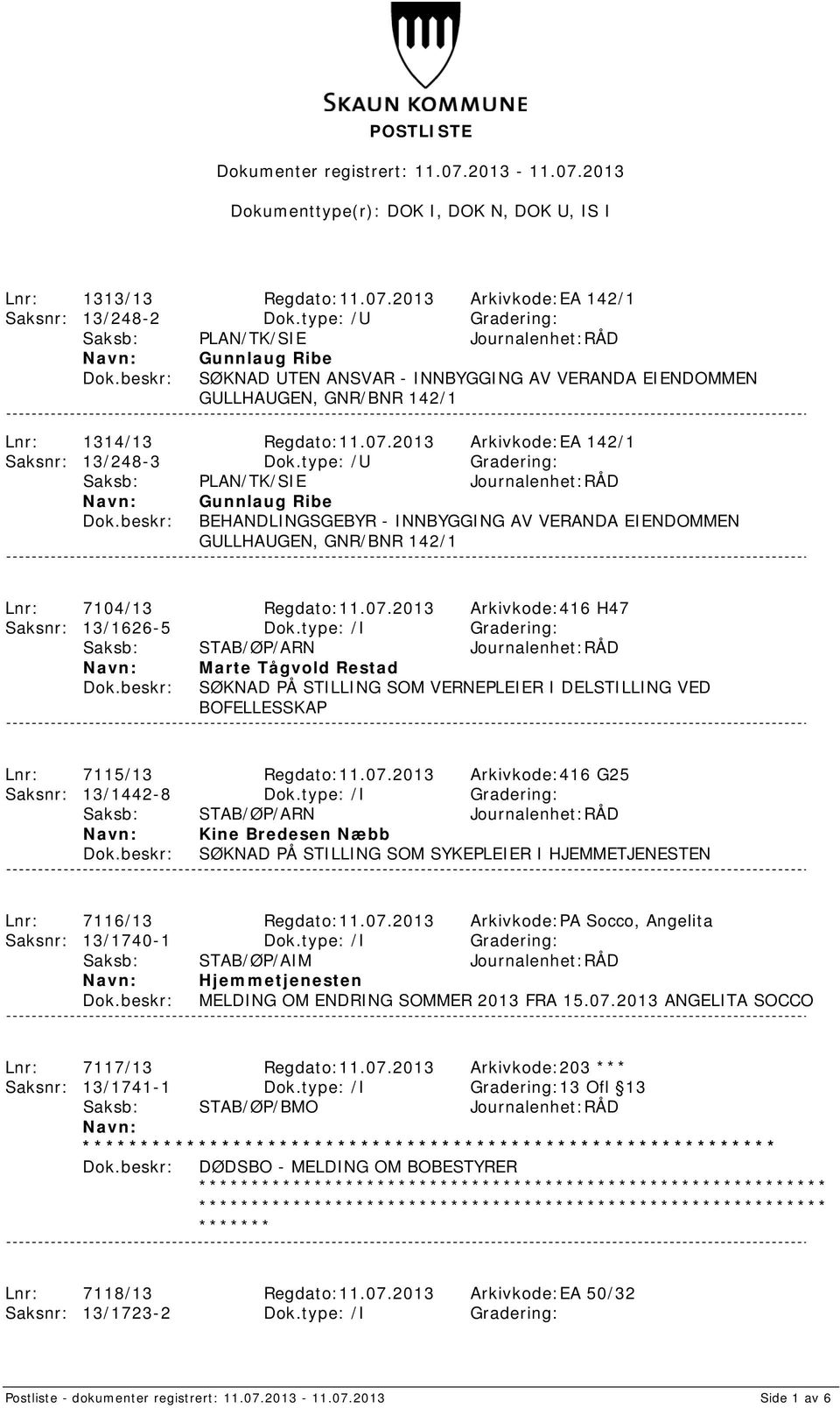type: /U Gradering: Gunnlaug Ribe BEHANDLINGSGEBYR - INNBYGGING AV VERANDA EIENDOMMEN GULLHAUGEN, GNR/BNR 142/1 Lnr: 7104/13 Regdato:11.07.2013 Arkivkode:416 H47 Saksnr: 13/1626-5 Dok.