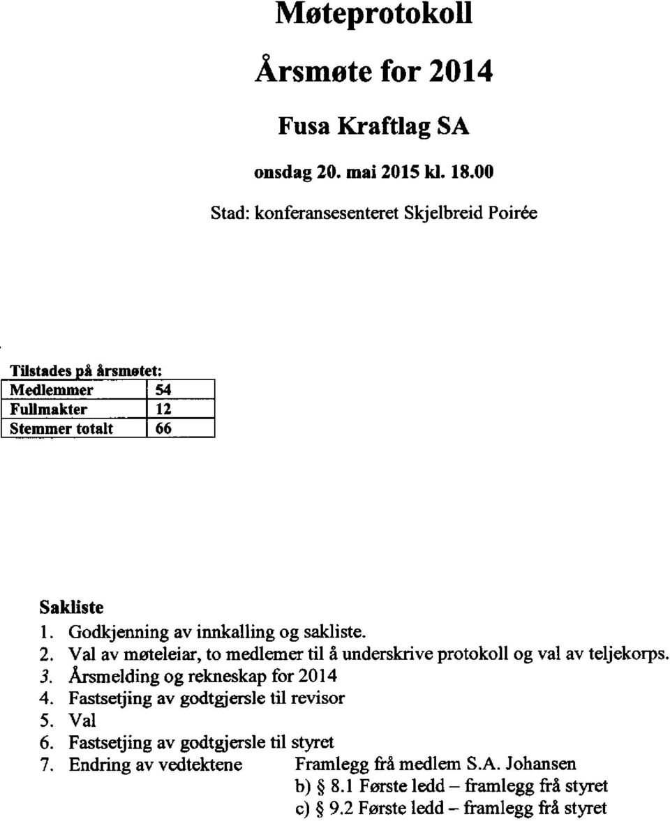 og sakliste. 2. Val av msteleiar, to medlemer til i underskrive protokoll og val av teljekorps. 3. Arsmelding og rekneskap for 2014 4.