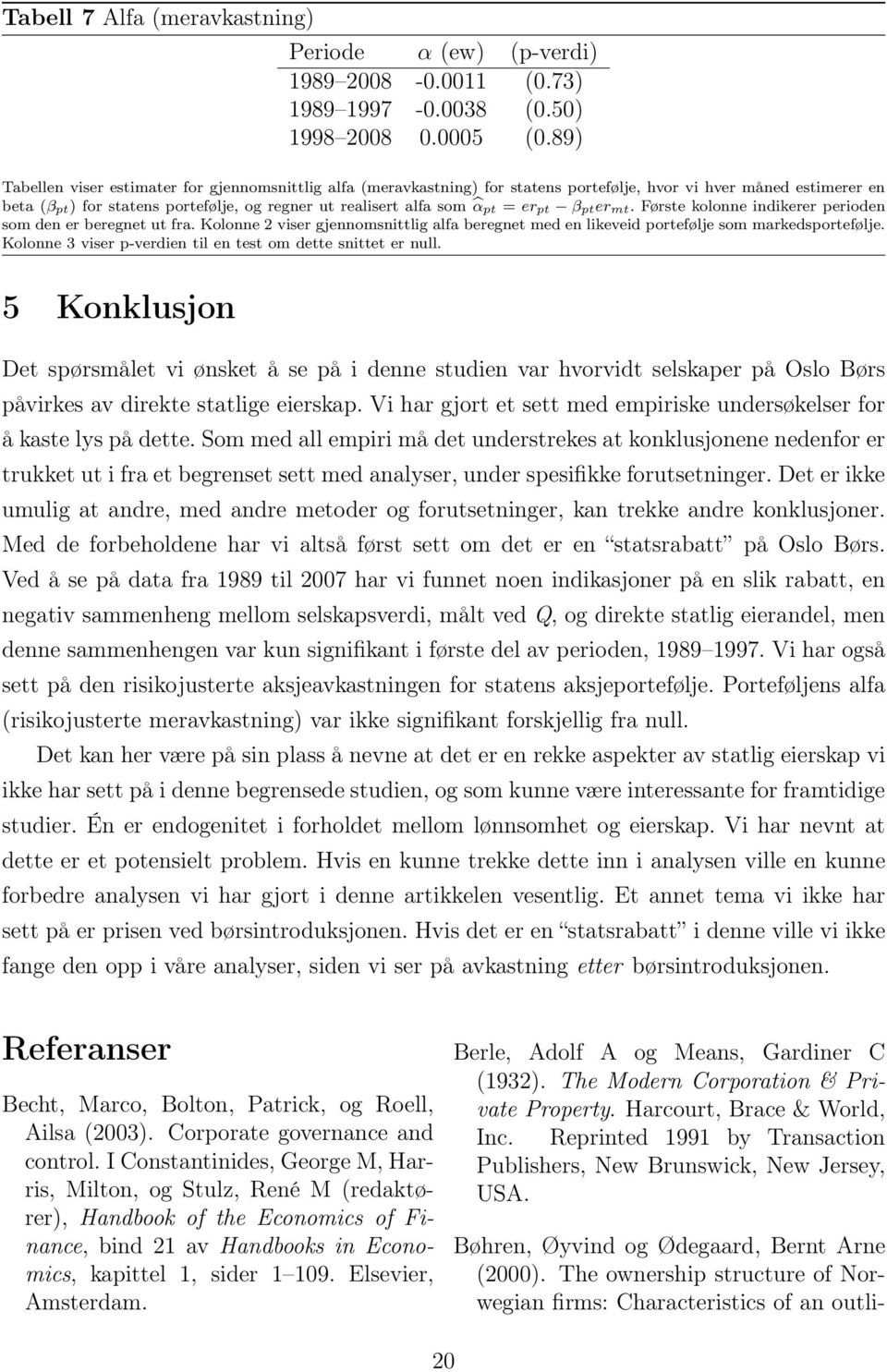 = er pt β pter mt. Første kolonne indikerer perioden som den er beregnet ut fra. Kolonne 2 viser gjennomsnittlig alfa beregnet med en likeveid portefølje som markedsportefølje.