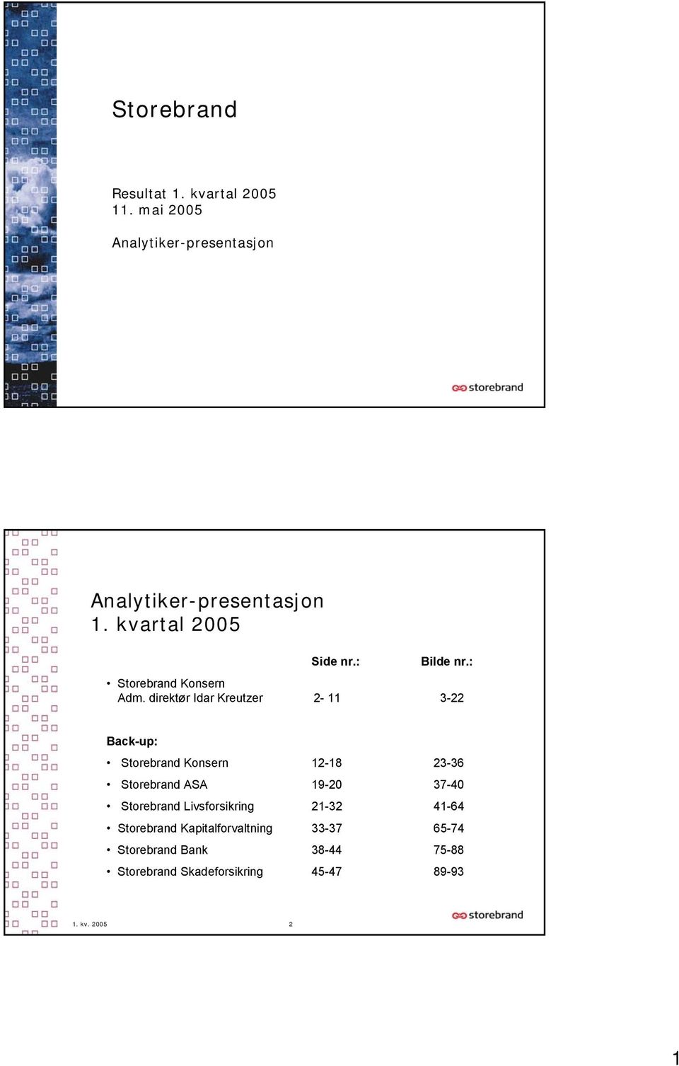 direktør Idar Kreutzer 2-11 3-22 Back-up: Storebrand Konsern 12-18 23-36 Storebrand ASA 19-20 37-40