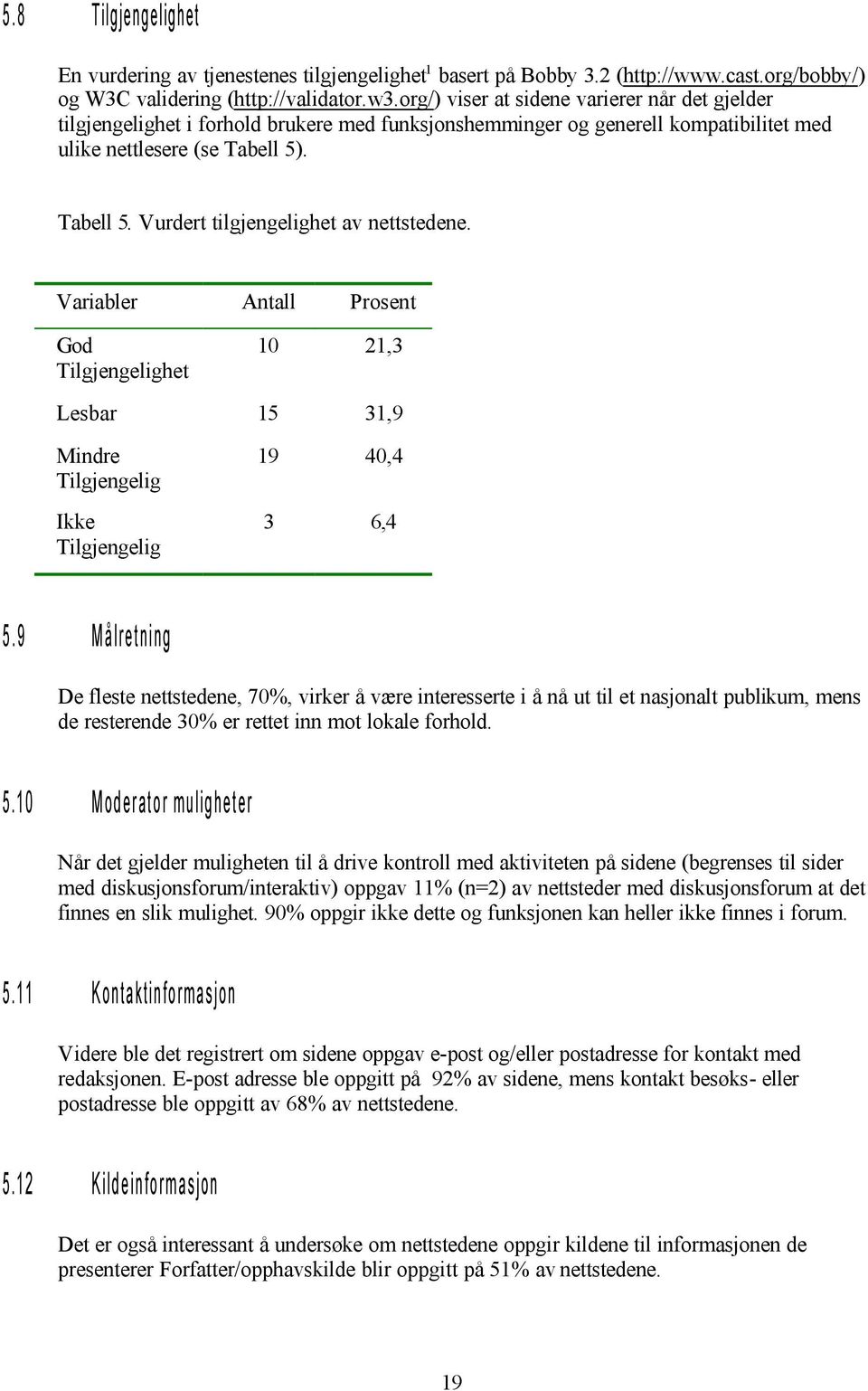 . Tabell 5. Vurdert tilgjengelighet av nettstedene. Variabler Antall Prosent God Tilgjengelighet 10 21,3 Lesbar 15 31,9 Mindre Tilgjengelig Ikke Tilgjengelig 19 40,4 3 6,4 5.