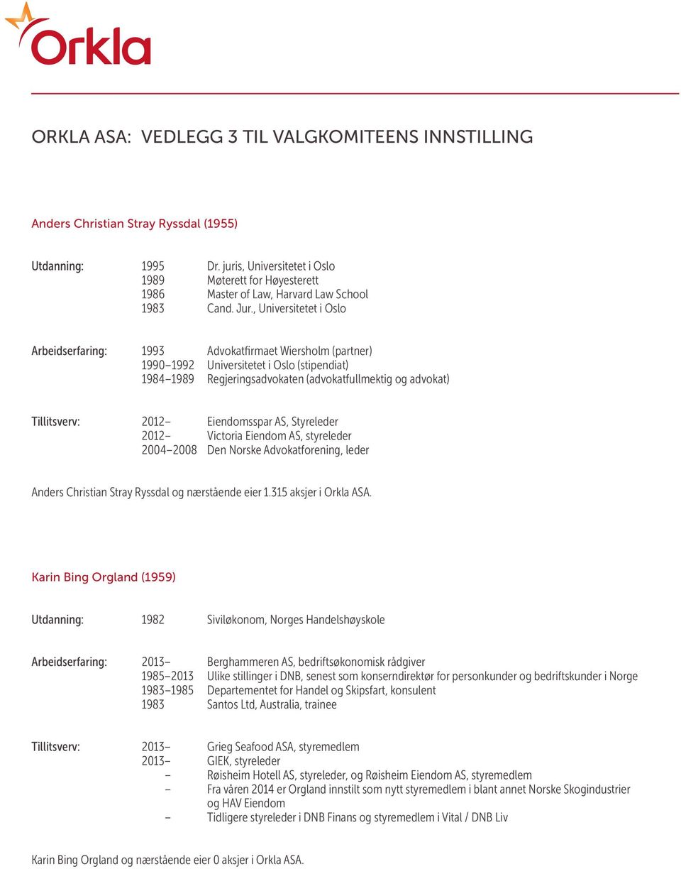 , Universitetet i Oslo Arbeidserfaring: 1993 Advokatfirmaet Wiersholm (partner) 1990 1992 Universitetet i Oslo (stipendiat) 1984 1989 Regjeringsadvokaten (advokatfullmektig og advokat) Tillitsverv: