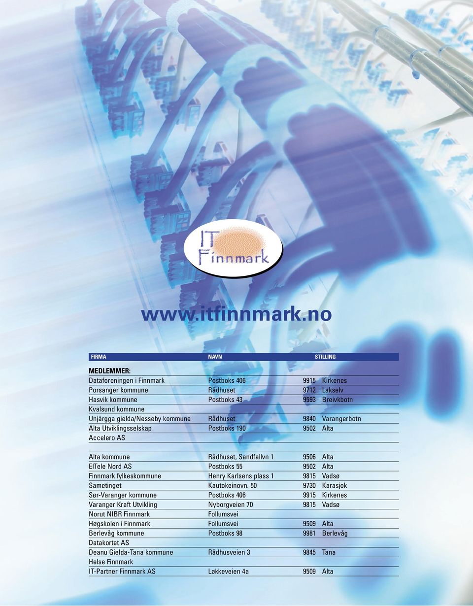 gielda/nesseby kommune Rådhuset 9840 Varangerbotn Alta Utviklingsselskap Postboks 190 9502 Alta Accelero AS Alta kommune Rådhuset, Sandfallvn 1 9506 Alta ElTele Nord AS Postboks 55 9502 Alta Finnmark