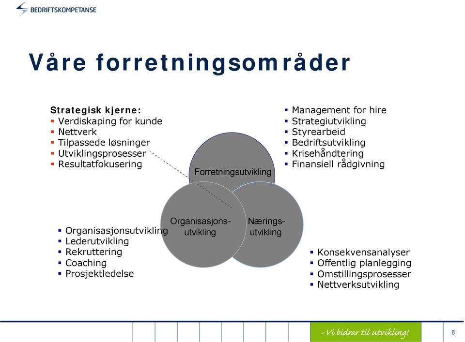 Bedriftsutvikling Krisehåndtering Finansiell rådgivning Organisasjonsutvikling Lederutvikling Rekruttering