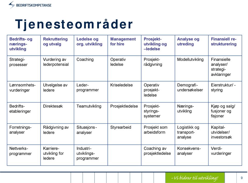 Finansielle analyser/ strategiavklaringer Modellutvikling Lederprogrammer Lønnsomhetsvurderinger Utvelgelse av ledere Operativ prosjektledelse Kriseledelse Demografiundersøkelser Eierstruktur/ -