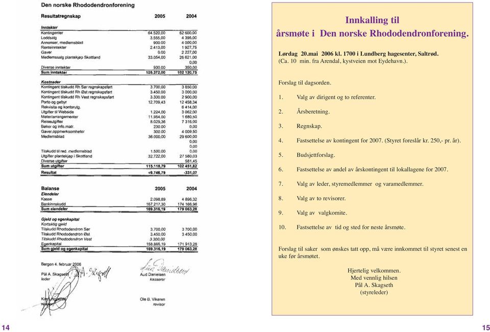 6. Fastsettelse av andel av årskontingent til lokallagene for 2007. 7. Valg av leder, styremedlemmer og varamedlemmer. 8. Valg av to revisorer. 9. Valg av valgkomite. 10.