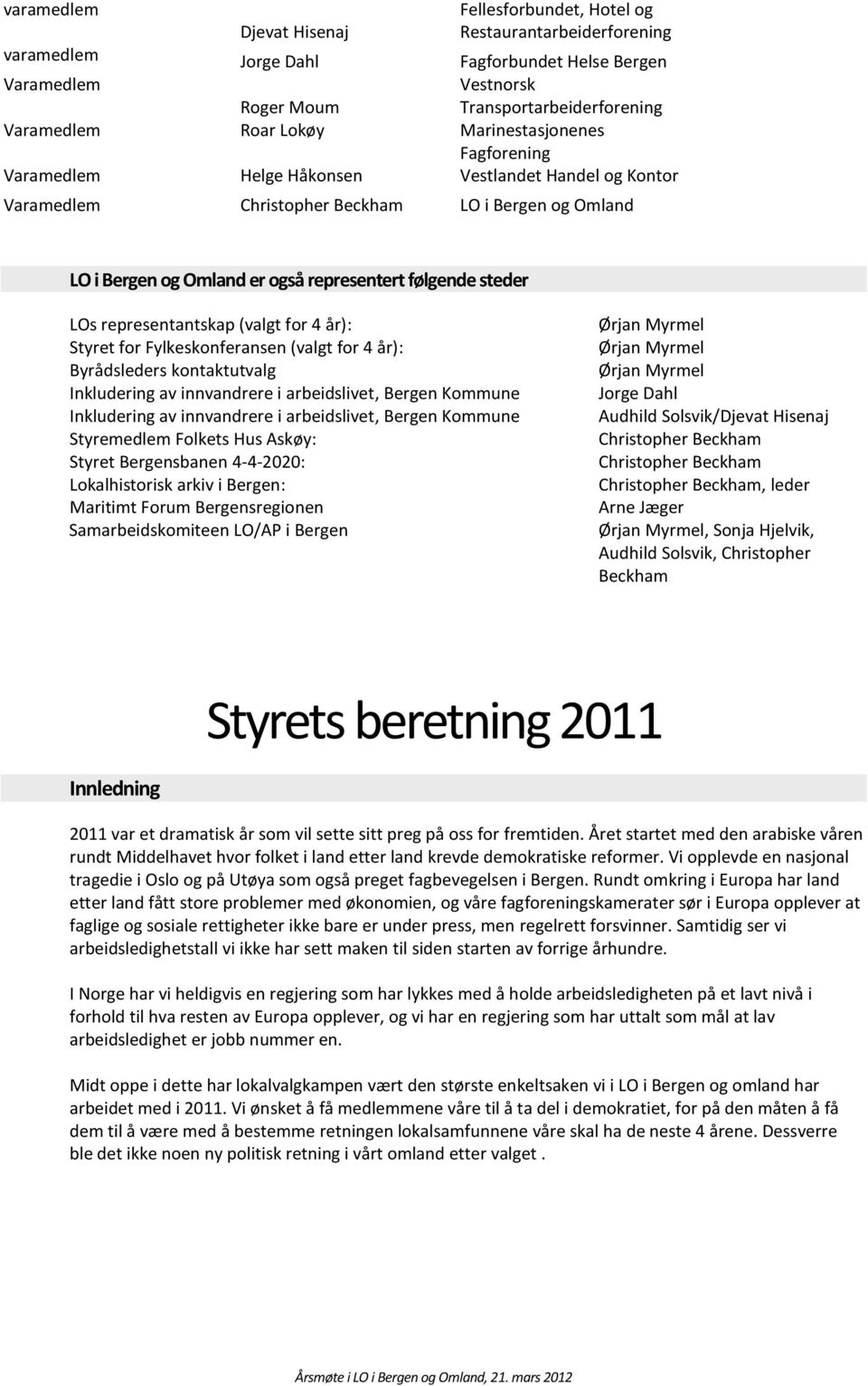 steder LOs representantskap (valgt for 4 år): Styret for Fylkeskonferansen (valgt for 4 år): Byrådsleders kontaktutvalg Inkludering av innvandrere i arbeidslivet, Bergen Kommune Inkludering av