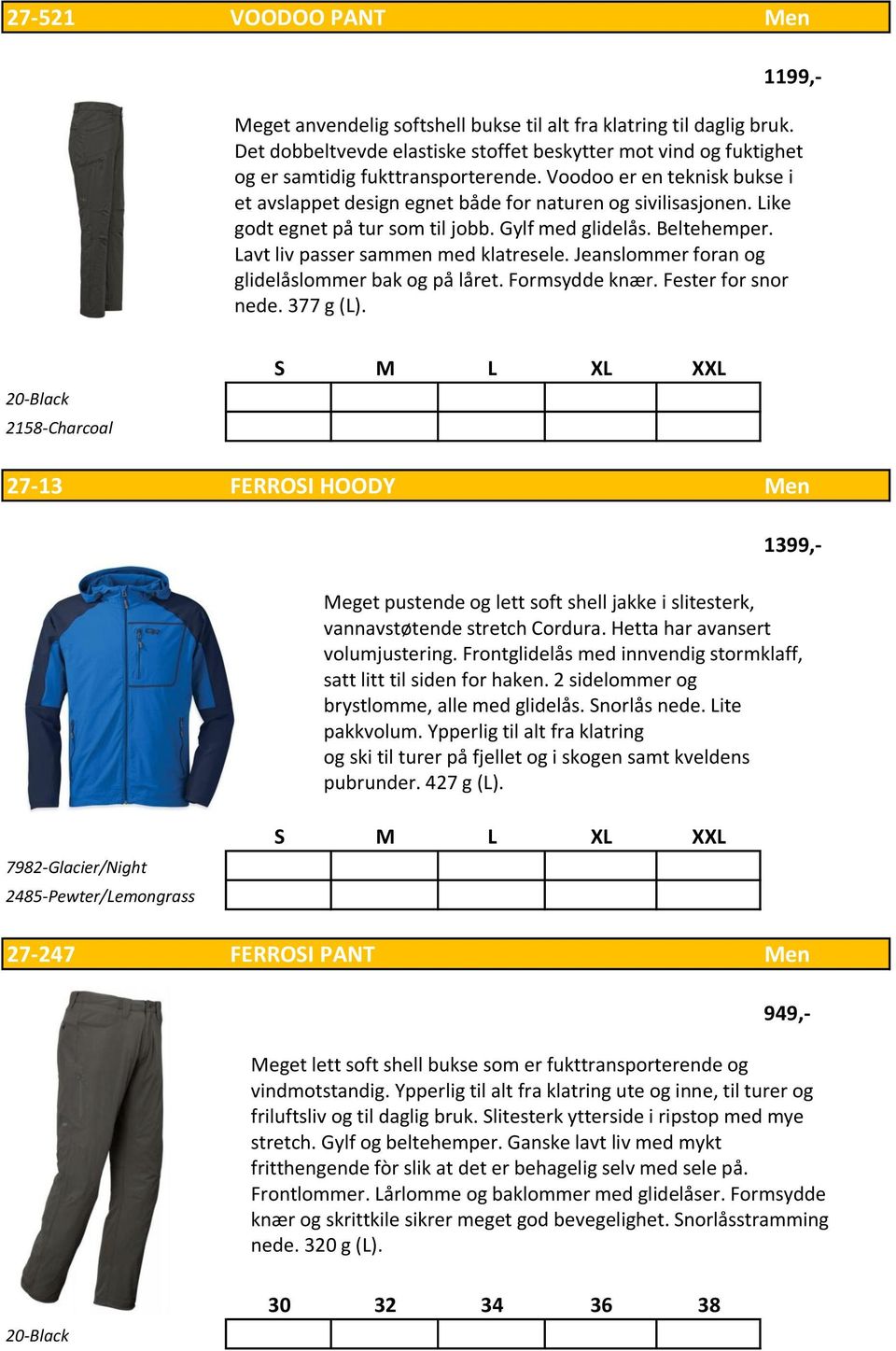 Jeanslommer foran og glidelåslommer bak og på låret. Formsydde knær. Fester for snor nede. 377 g (L).