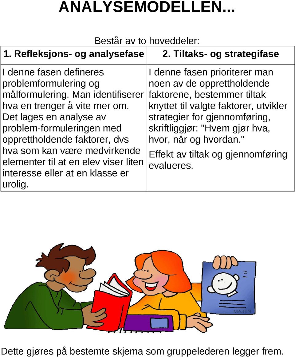 Det lages en analyse av problem-formuleringen med opprettholdende, dvs hva som kan være medvirkende elementer til at en elev viser liten interesse eller at en klasse er