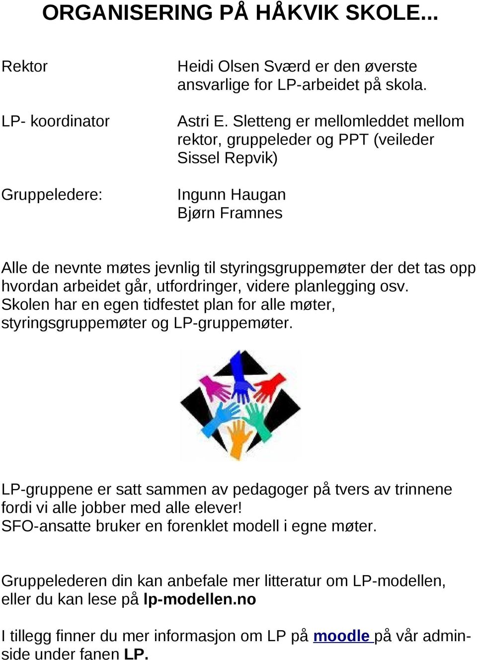 går, utfordringer, videre planlegging osv. Skolen har en egen tidfestet plan for alle møter, styringsgruppemøter og LP-gruppemøter.