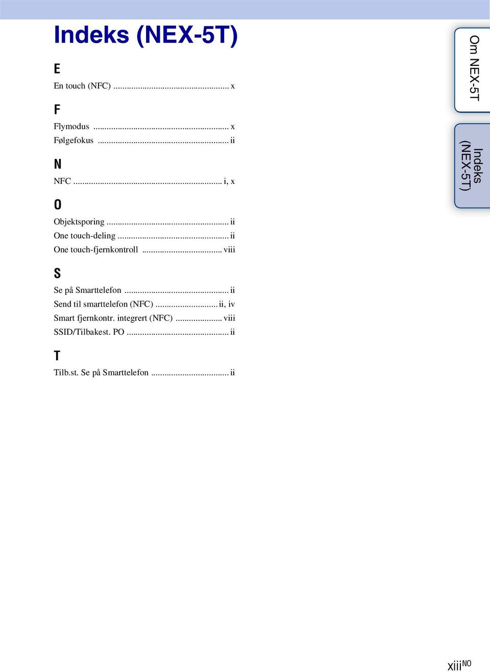 .. viii Om NEX-5T Indeks (NEX-5T) S Se på Smarttelefon... ii Send til smarttelefon (NFC).