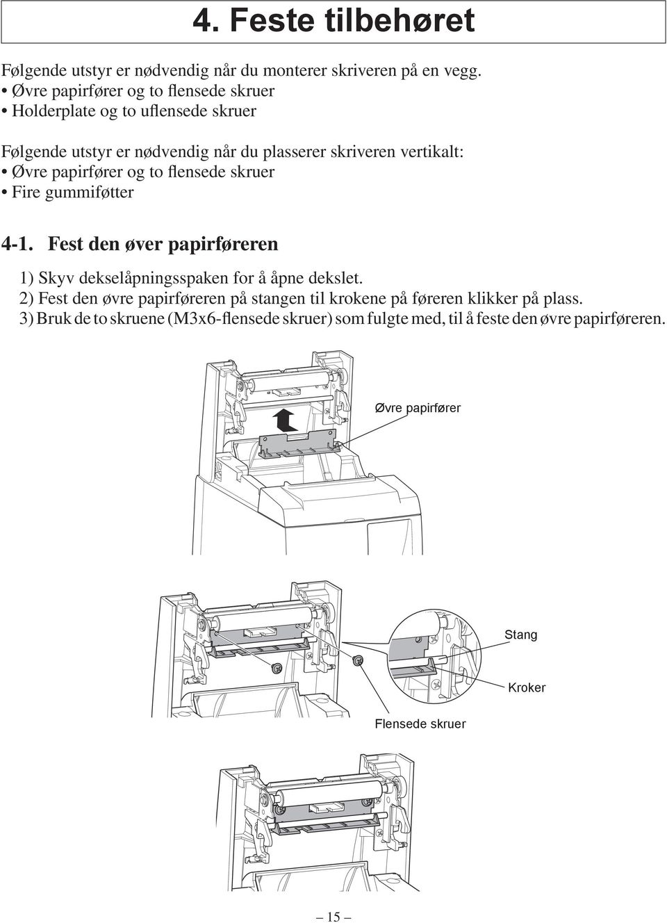 papirfører og to flensede skruer Fire gummiføtter 4-1. Fest den øver papirføreren 1) Skyv dekselåpningsspaken for å åpne dekslet.