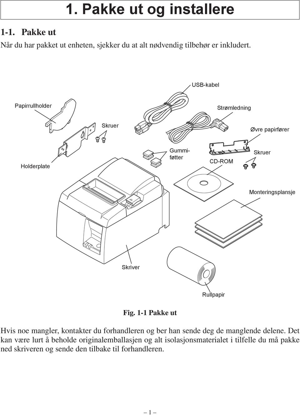 Rullpapir Fig. 1-1 Pakke ut Hvis noe mangler, kontakter du forhandleren og ber han sende deg de manglende delene.