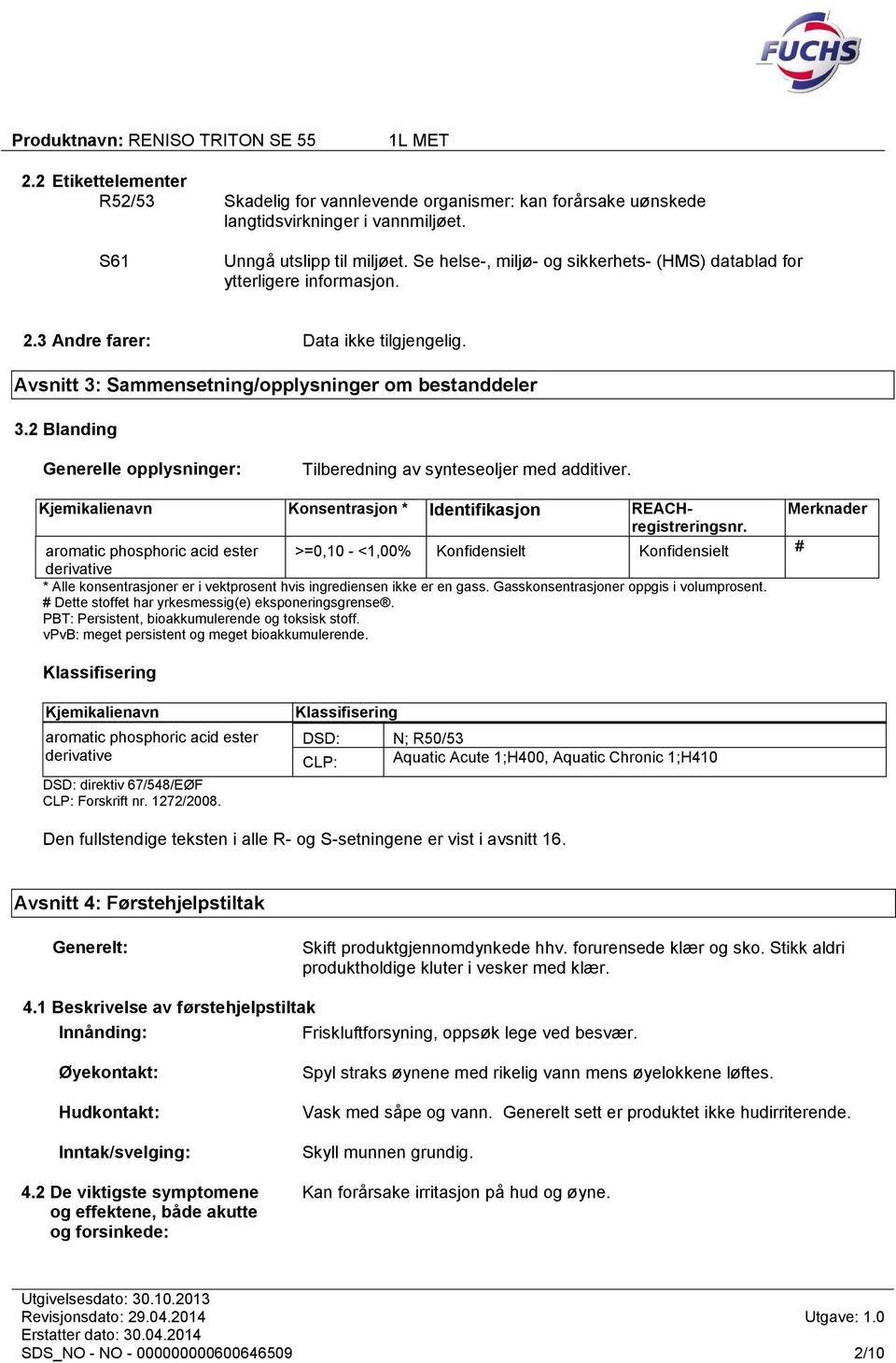 2 Blanding Generelle opplysninger: Tilberedning av synteseoljer med additiver. Kjemikalienavn Konsentrasjon * Identifikasjon REACHregistreringsnr.