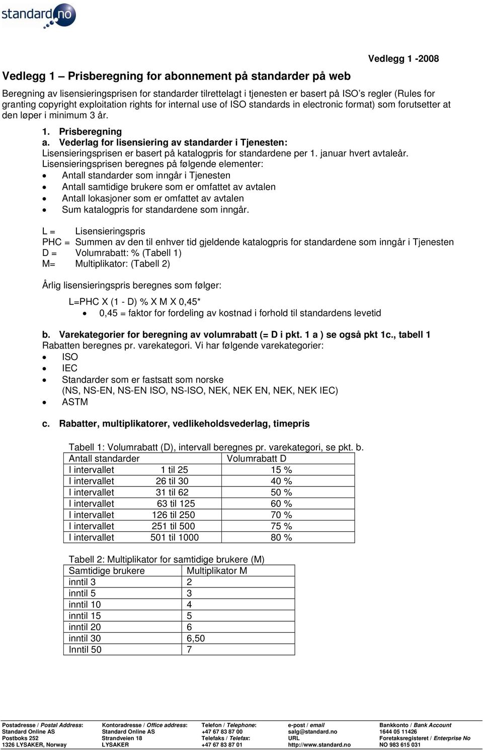 Vederlag for lisensiering av standarder i Tjenesten: Lisensieringsprisen er basert på katalogpris for standardene per 1. januar hvert avtaleår.