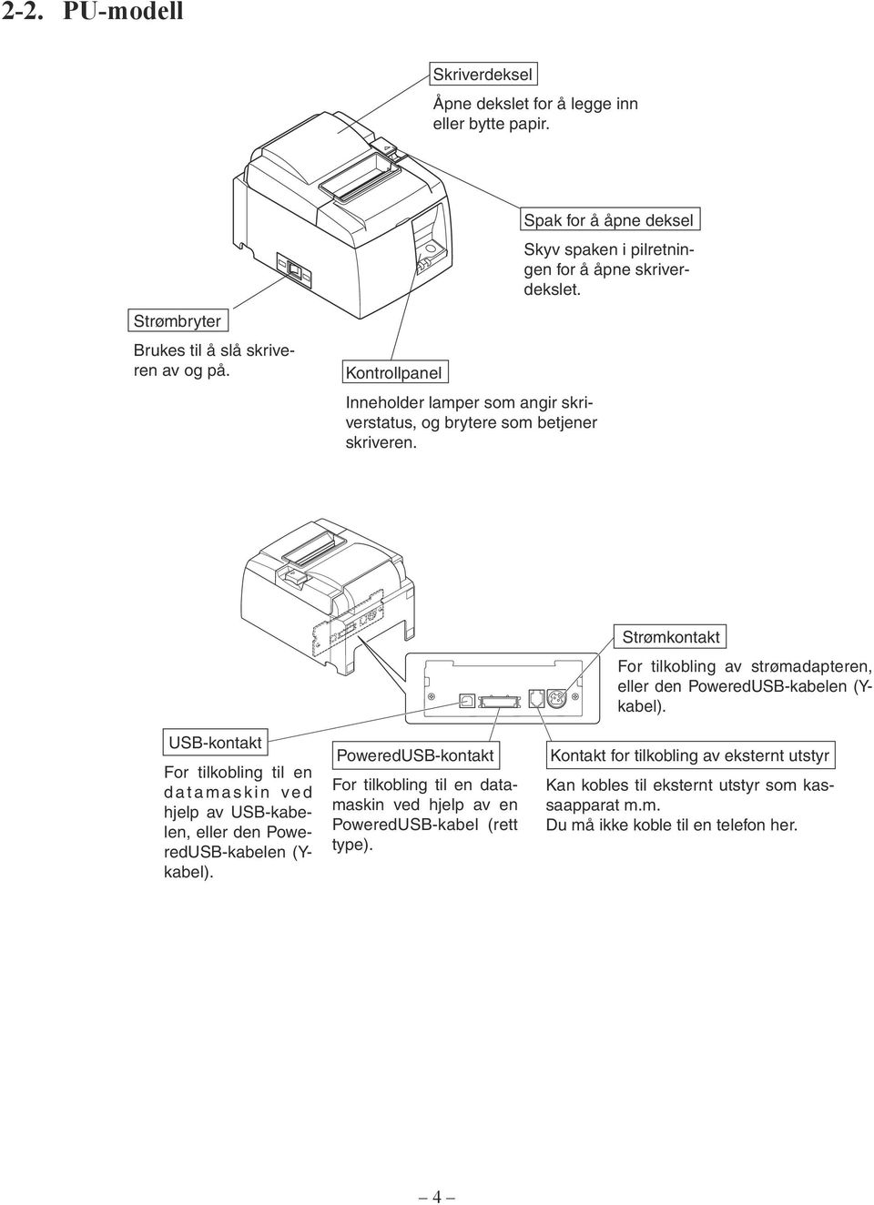 USB-kontakt For tilkobling til en d a t a m a s k i n ve d hjelp av USB-kabelen, eller den PoweredUSB-kabelen (Ykabel).