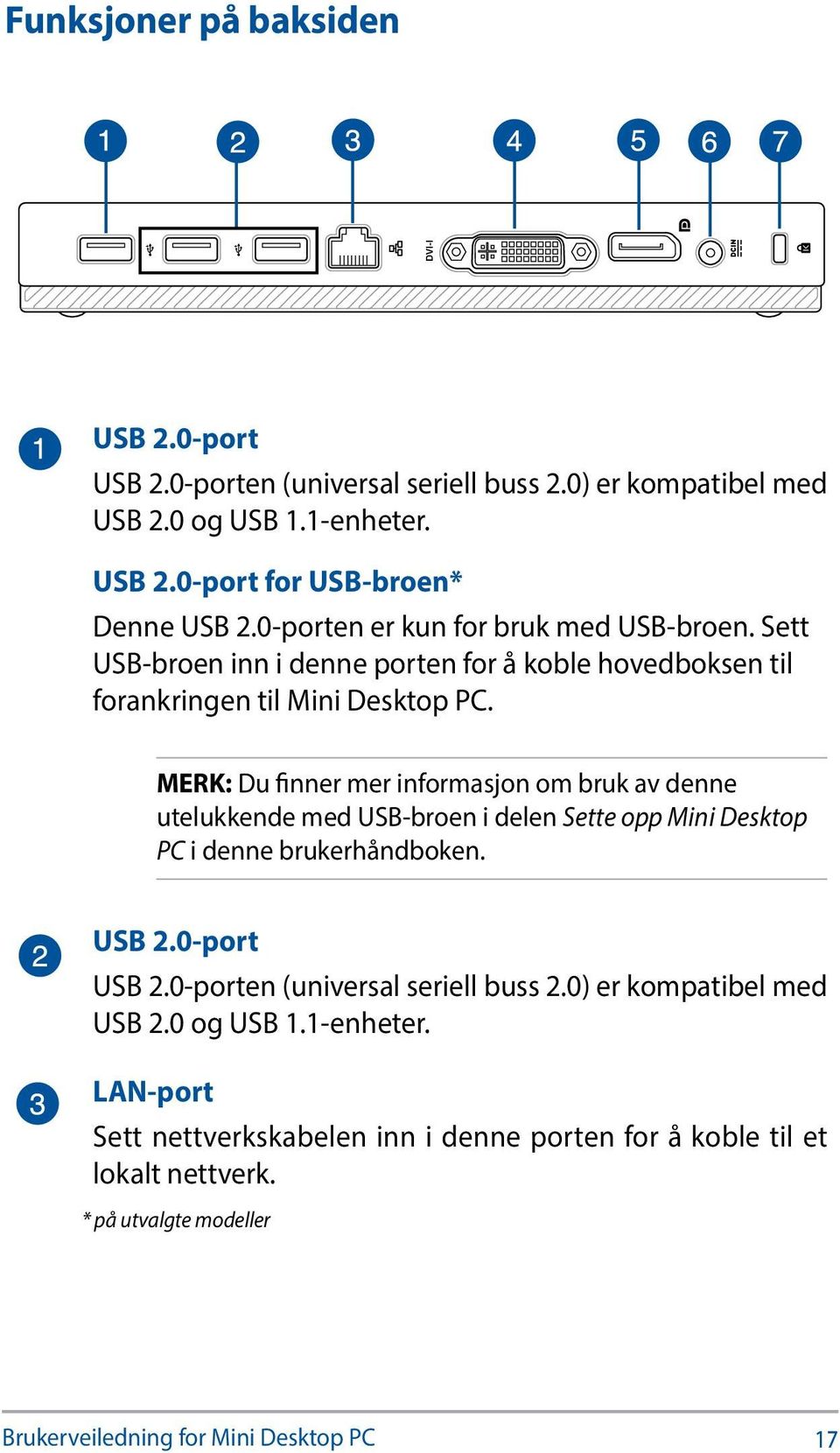 MERK: Du finner mer informasjon om bruk av denne utelukkende med USB-broen i delen Sette opp Mini Desktop PC i denne brukerhåndboken. USB 2.0-port USB 2.