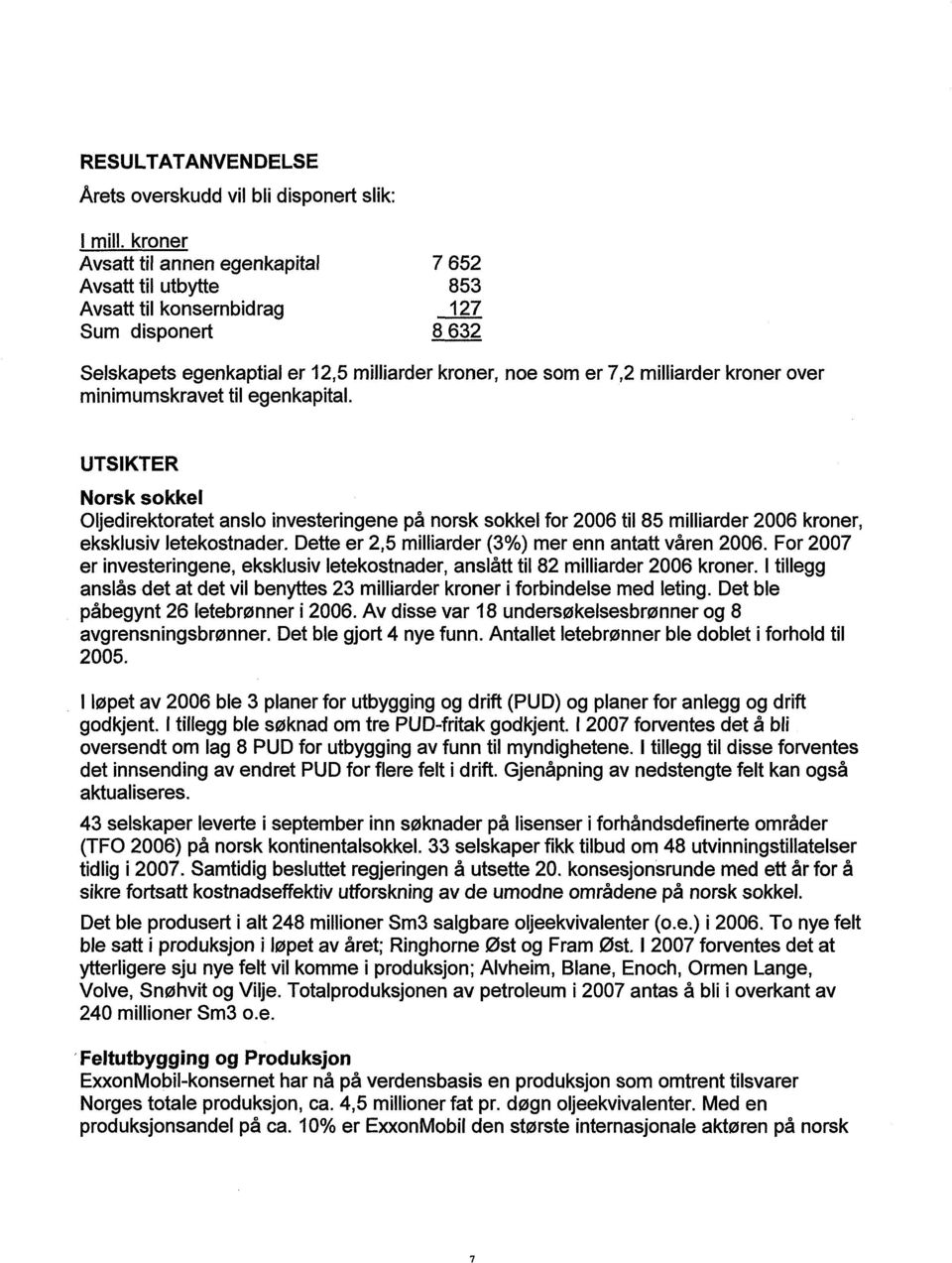 over minimumskravet til egenkapital. UTSIKTER Norsk sokkel Oljedirektoratet anslo investeringene på norsk sokkel for 2006 til 85 milliarder 2006 kroner, eksklusiv letekostnader.