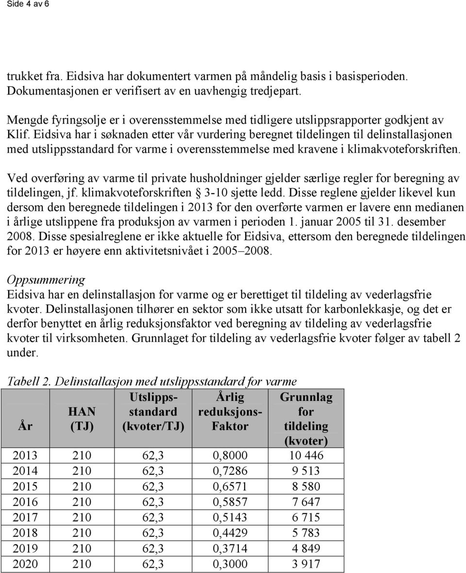 Eidsiva har i søknaden etter vår vurdering beregnet tildelingen til delinstallasjonen med utslippsstandard for varme i overensstemmelse med kravene i klimakvoteforskriften.