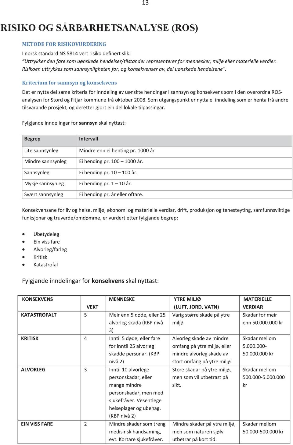 Kriterium for sannsyn og konsekvens Det er nytta dei same kriteria for inndeling av uønskte hendingar i sannsyn og konsekvens som i den overordna ROSanalysen for Stord og Fitjar kommune frå oktober