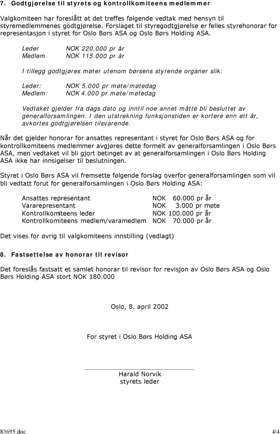 000 pr år I tillegg godtgjøres møter utenom børsens styrende organer slik: Leder: Medlem: NOK 5.000 pr møte/møtedag NOK 4.