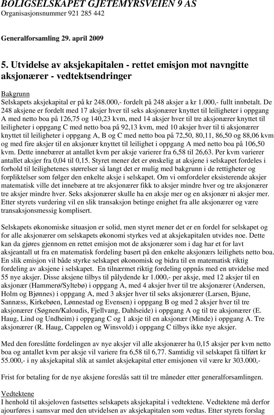 De 248 aksjene er fordelt med 17 aksjer hver til seks aksjonærer knyttet til leiligheter i oppgang A med netto boa på 126,75 og 140,23 kvm, med 14 aksjer hver til tre aksjonærer knyttet til