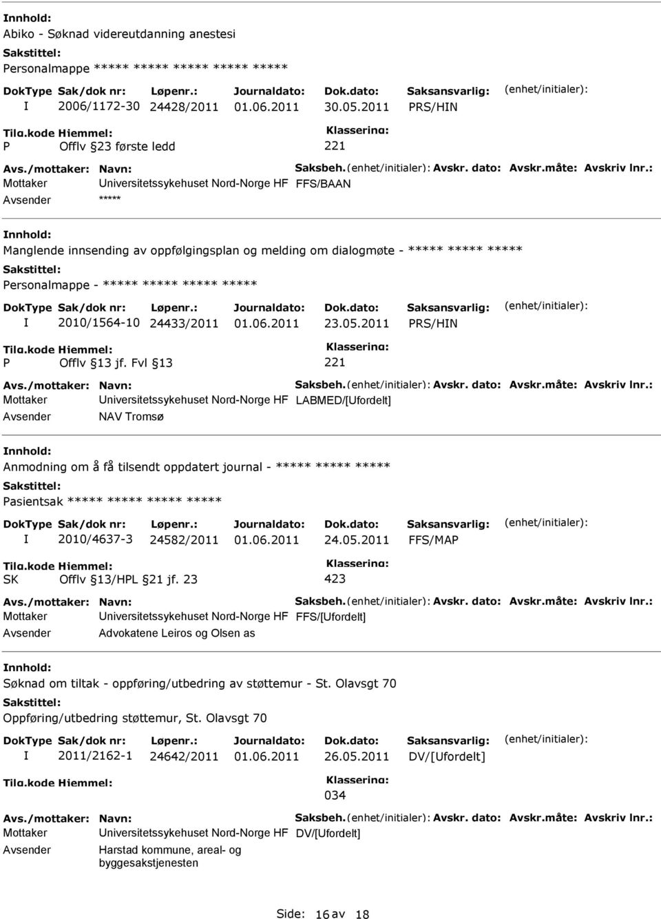 2011 RS/HN Mottaker niversitetssykehuset Nord-Norge HF LABMED/[fordelt] NAV Tromsø Anmodning om å få tilsendt oppdatert journal - ***** ***** ***** asientsak ***** ***** ***** ***** 2010/4637-3