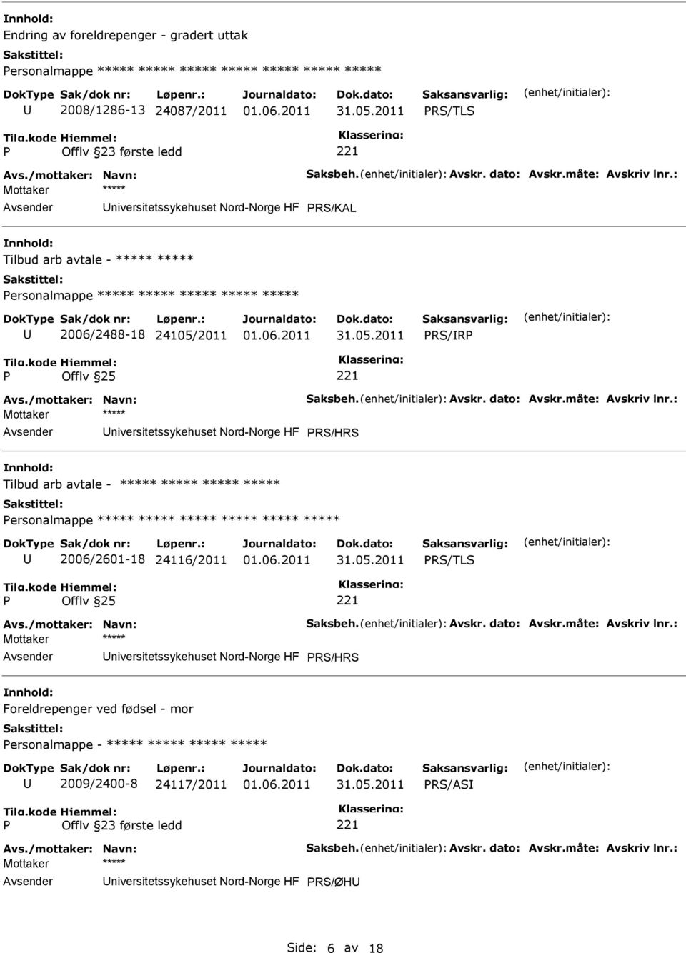 HF RS/HRS Tilbud arb avtale - ***** ***** ***** ***** ersonalmappe ***** ***** ***** ***** ***** ***** 2006/2601-18 24116/2011 RS/TLS niversitetssykehuset