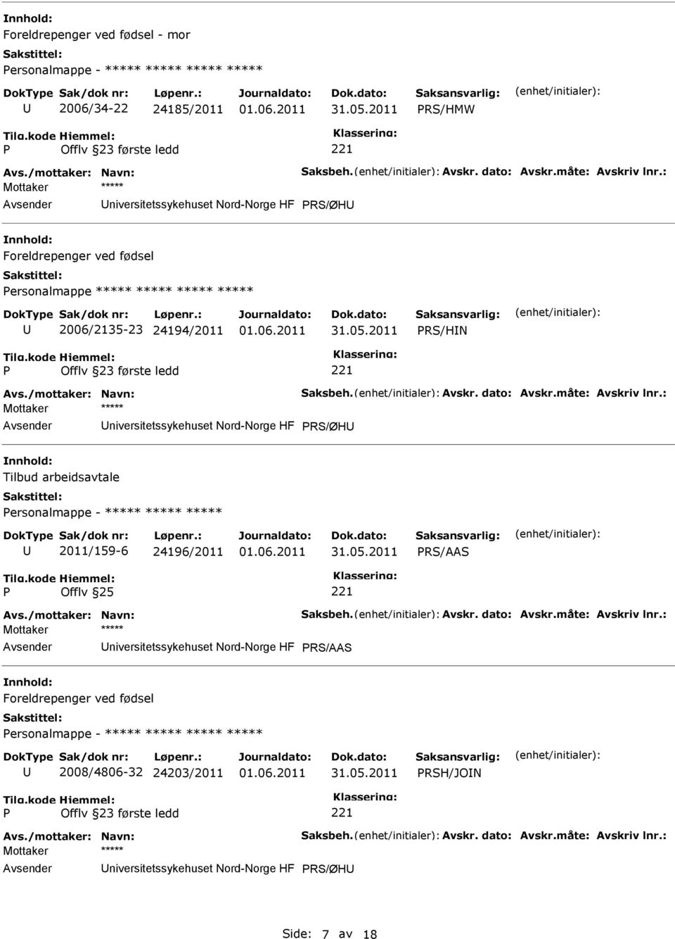 RS/ØH Tilbud arbeidsavtale ersonalmappe - ***** ***** ***** 2011/159-6 24196/2011 RS/AAS niversitetssykehuset Nord-Norge HF RS/AAS