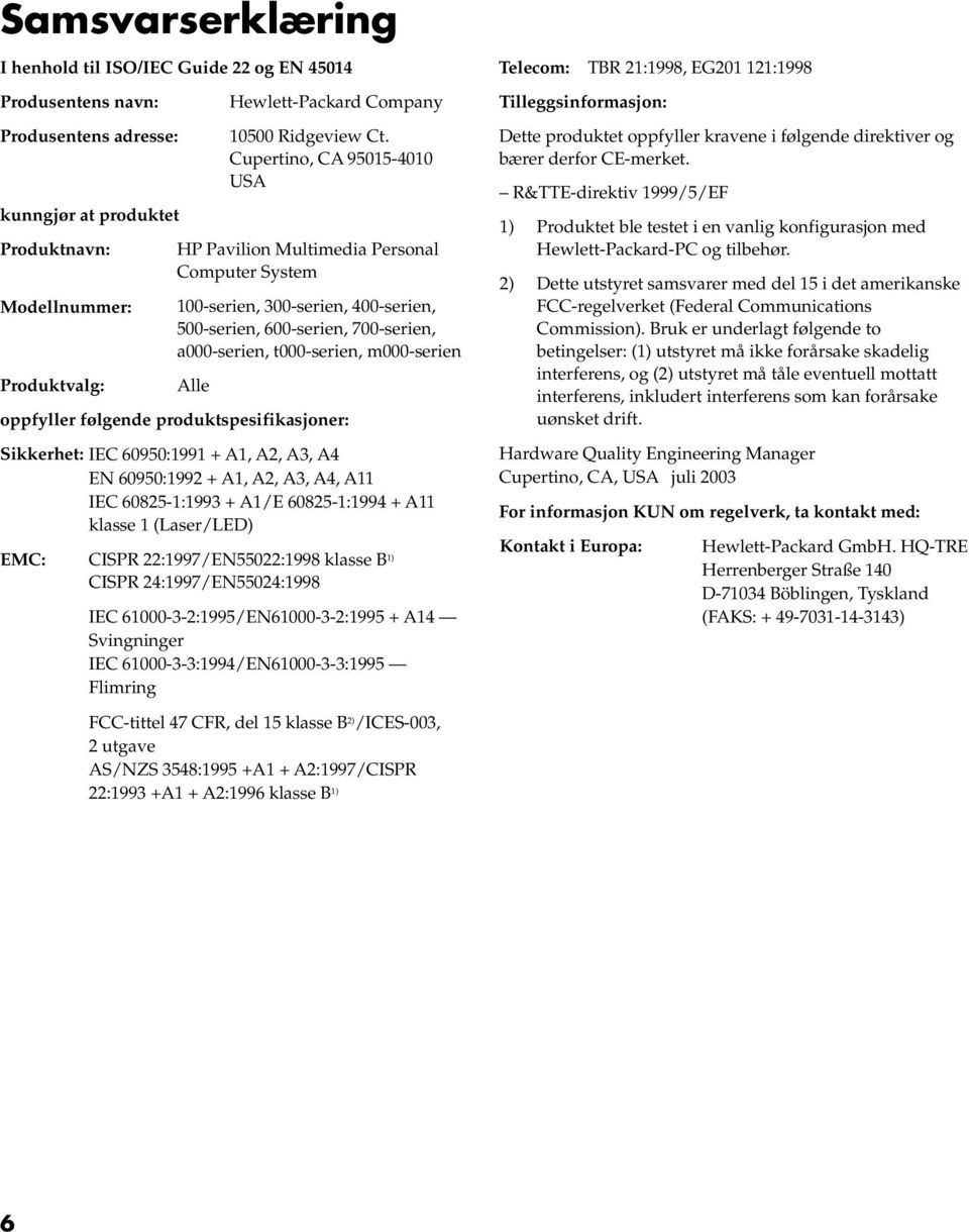 Cupertino, CA 95015-4010 USA HP Pavilion Multimedia Personal Computer System 100-serien, 300-serien, 400-serien, 500-serien, 600-serien, 700-serien, a000-serien, t000-serien, m000-serien Alle