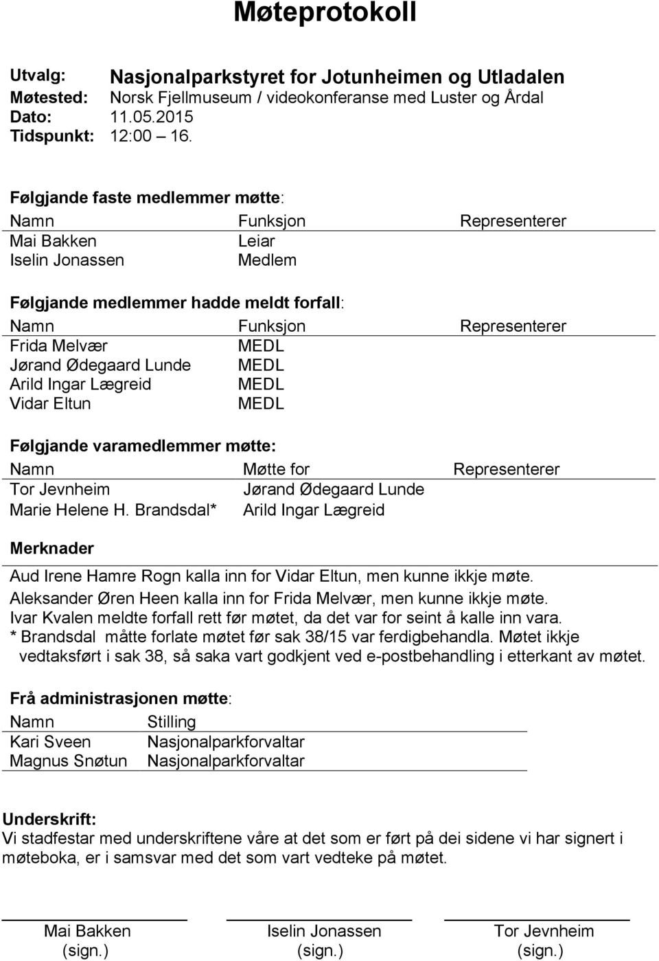 Ødegaard Lunde MEDL Arild Ingar Lægreid MEDL Vidar Eltun MEDL Følgjande varamedlemmer møtte: Namn Møtte for Representerer Tor Jevnheim Jørand Ødegaard Lunde Marie Helene H.