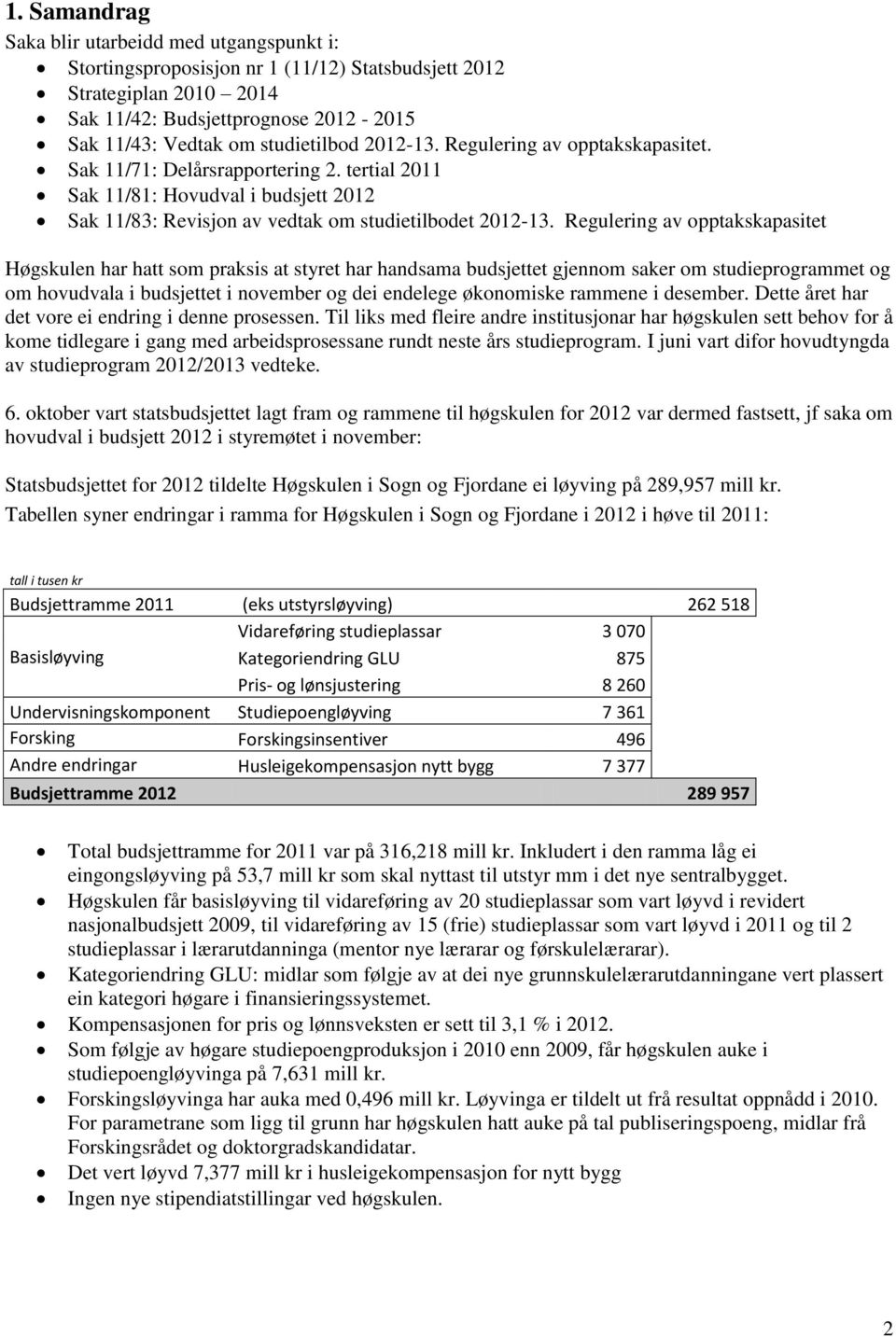 Regulering av opptakskapasitet Høgskulen har hatt som praksis at styret har handsama budsjettet gjennom saker om studieprogrammet og om hovudvala i budsjettet i november og dei endelege økonomiske